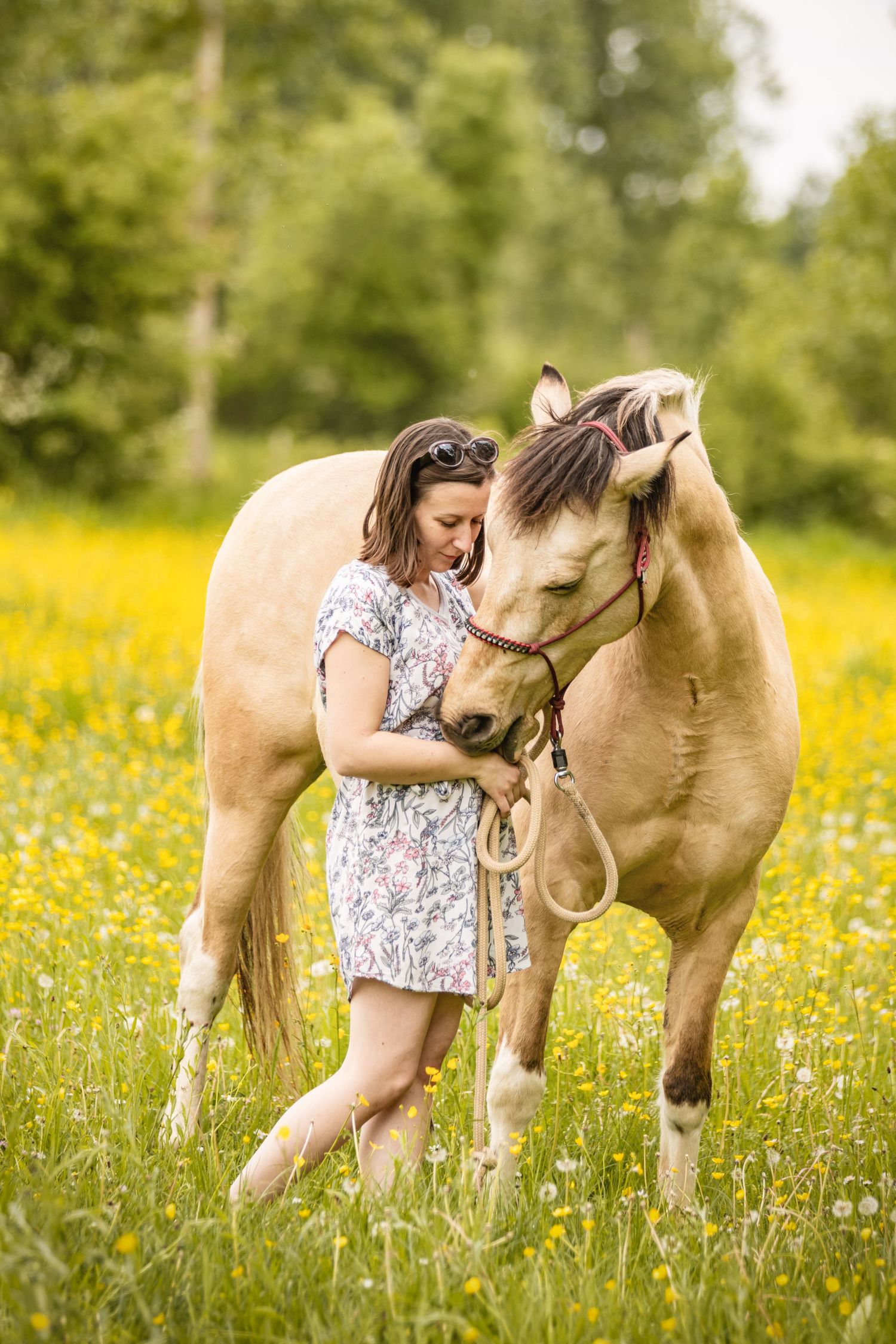 Woman in floral dress bonding with a palomino horse in a sunny meadow filled with yellow wildflowers.