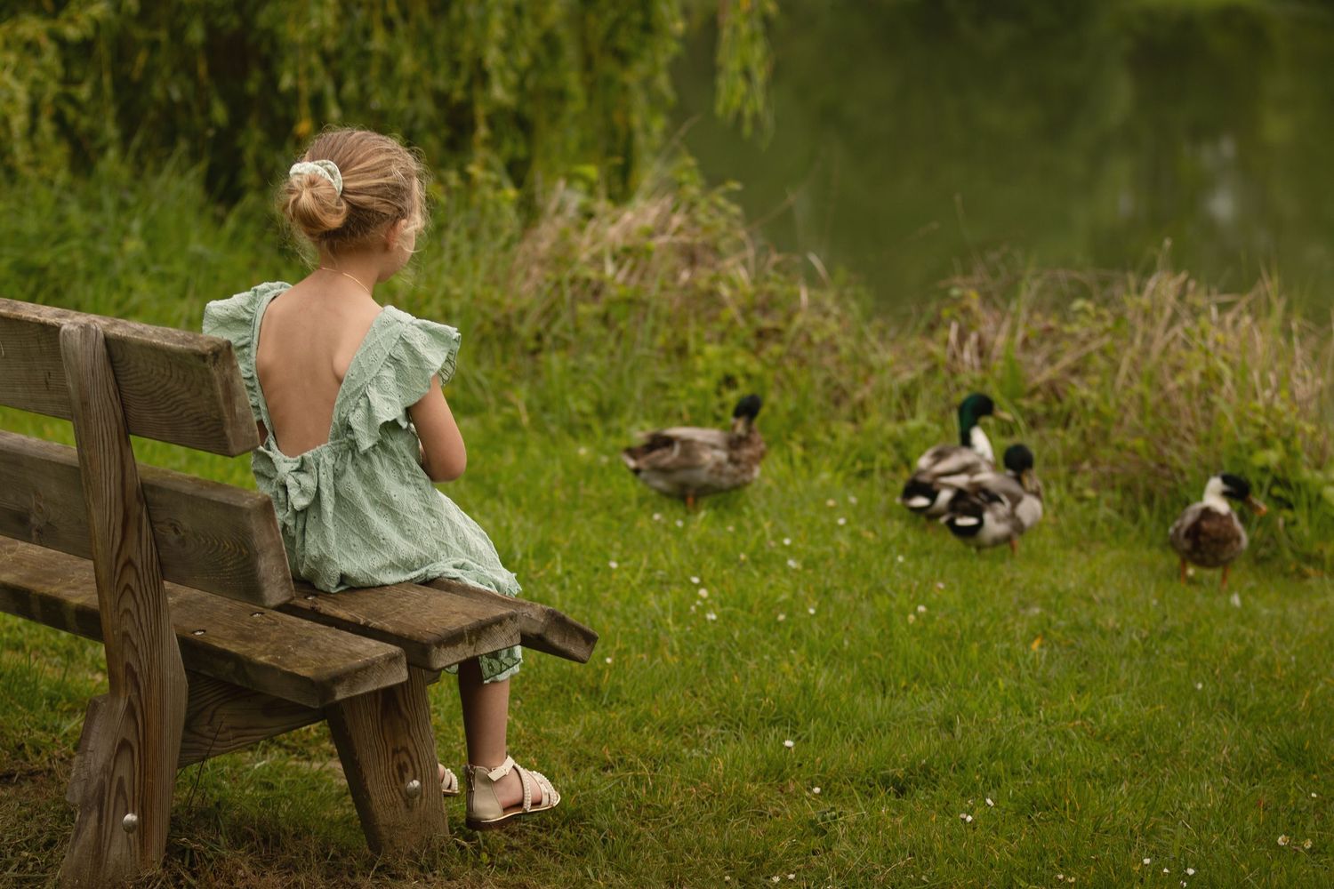 Young girl in green dress sitting on wooden bench watching ducks by a pond in a lush green park.