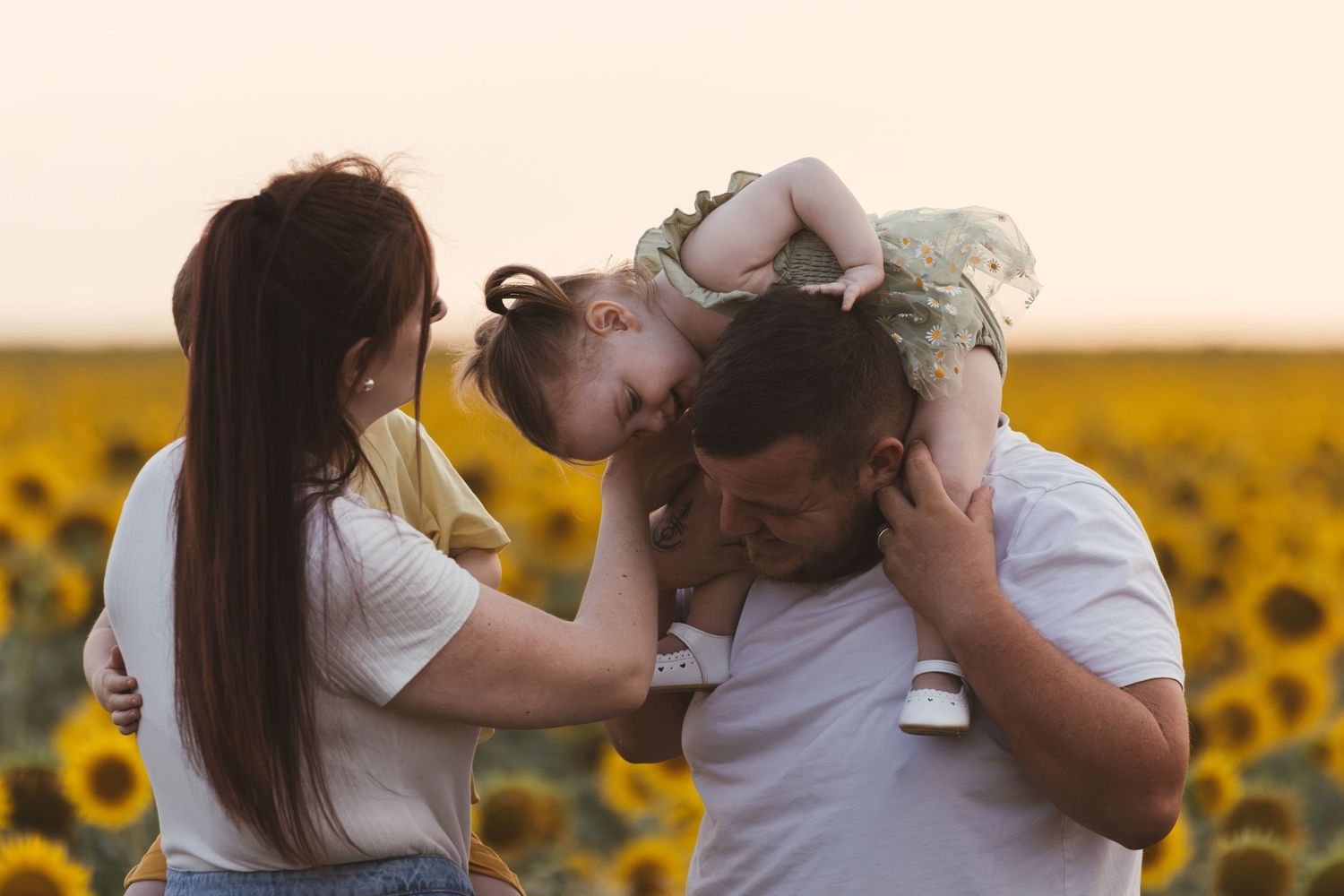 Family with toddler on father's shoulders in sunflower field at sunset, mother holding child's hand.