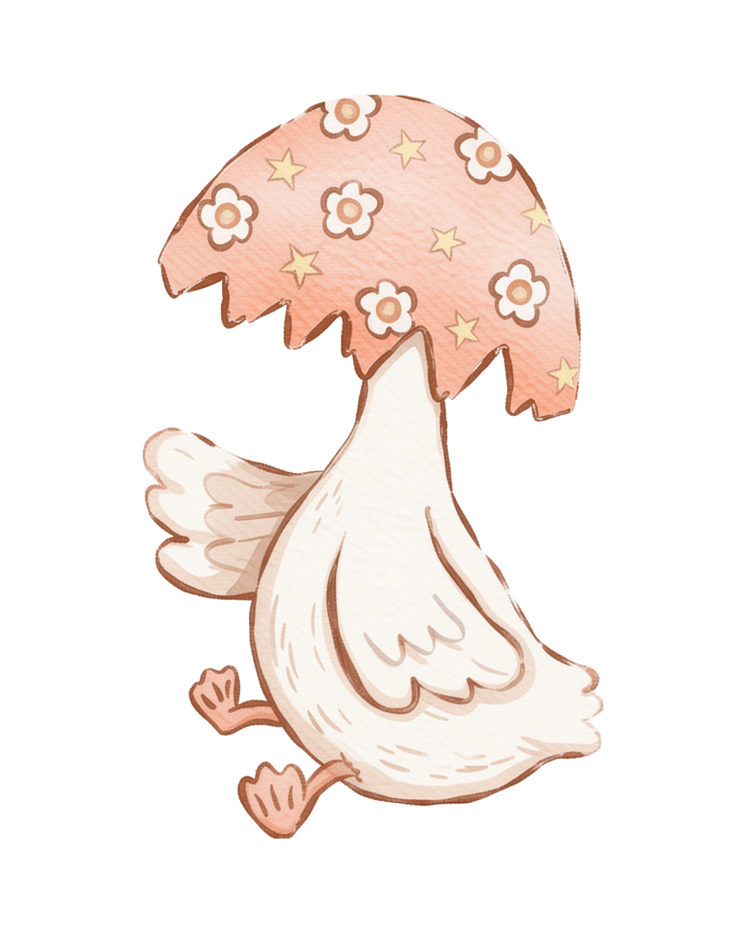 Cute watercolor illustration of a white chick hatching from a decorated Easter egg.