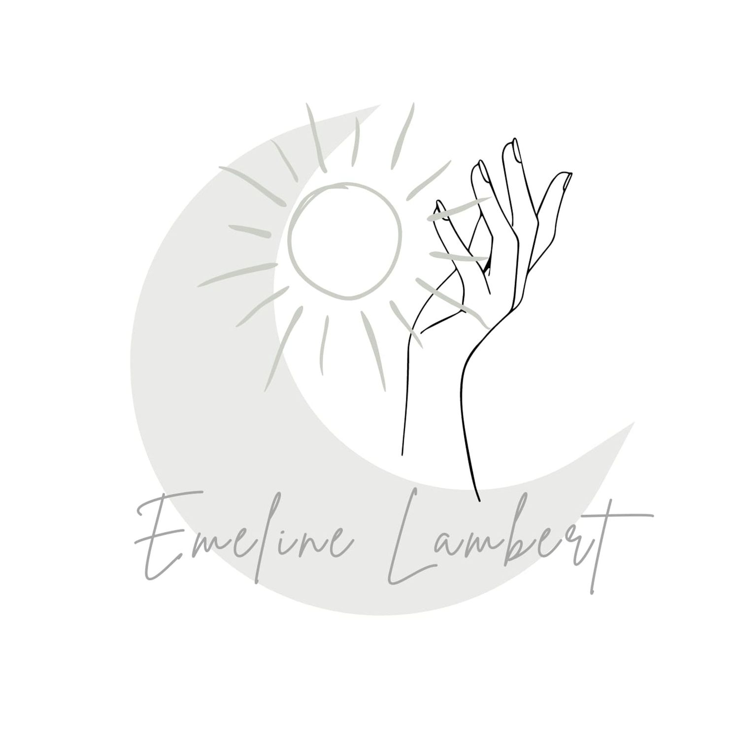 Minimalist logo featuring a hand reaching toward a sun with rays, set against a crescent moon, with cursive text Emeline Lambert.