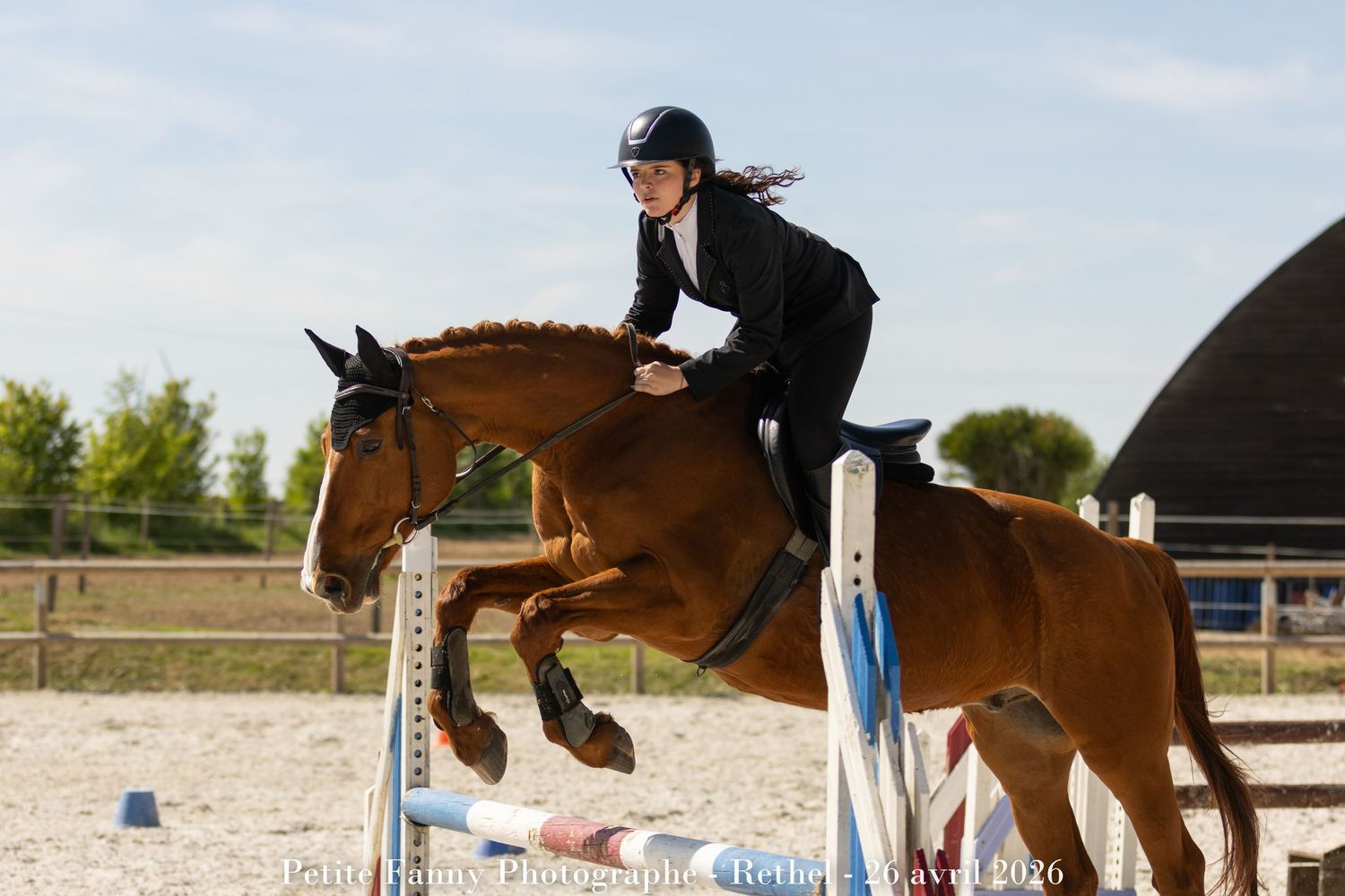A rider in black attire jumps a chestnut horse over a colorful show jumping fence at an equestrian competition.