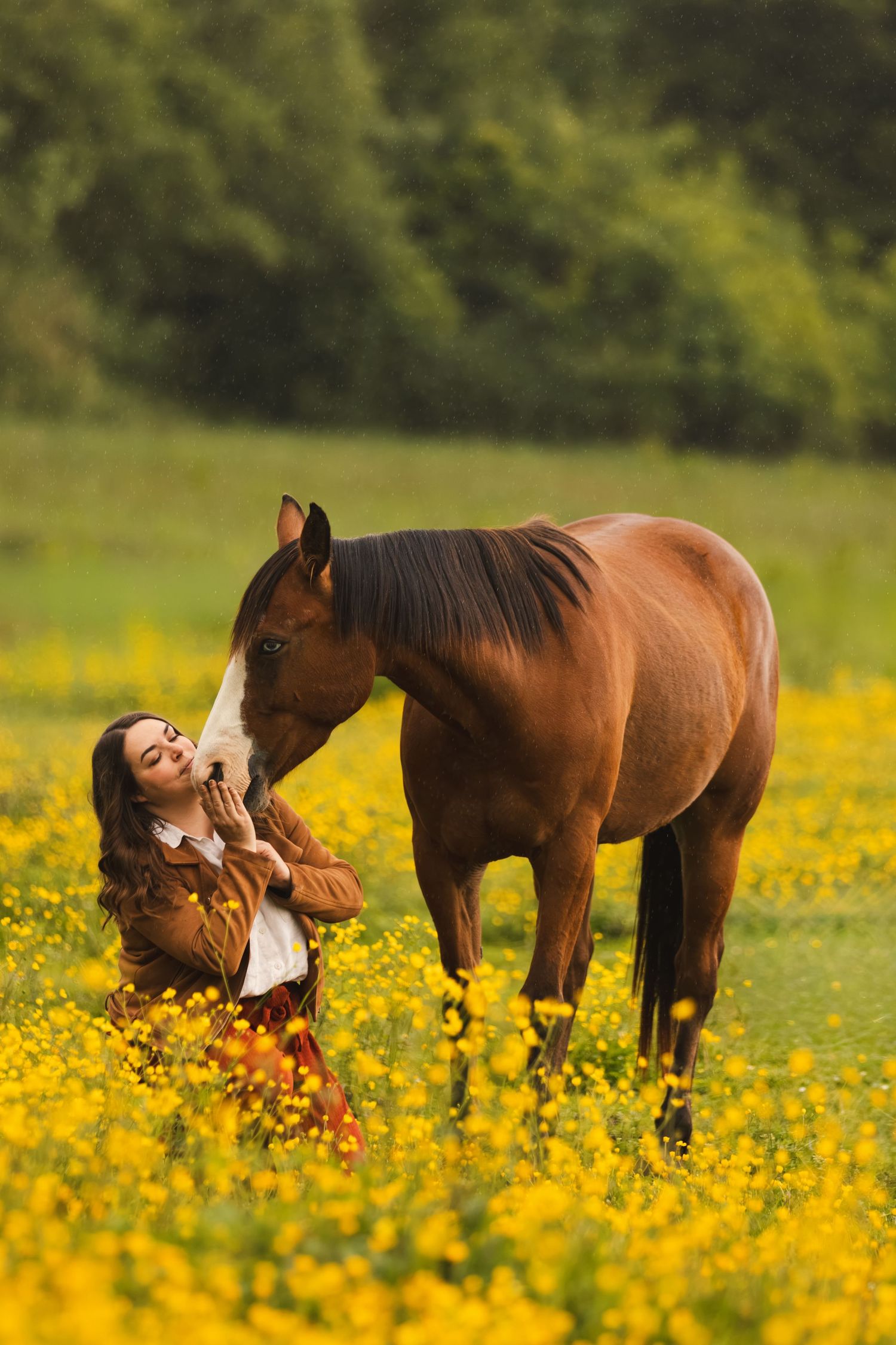 Young woman kneeling in yellow flower field bonding with a chestnut horse on a sunny day.