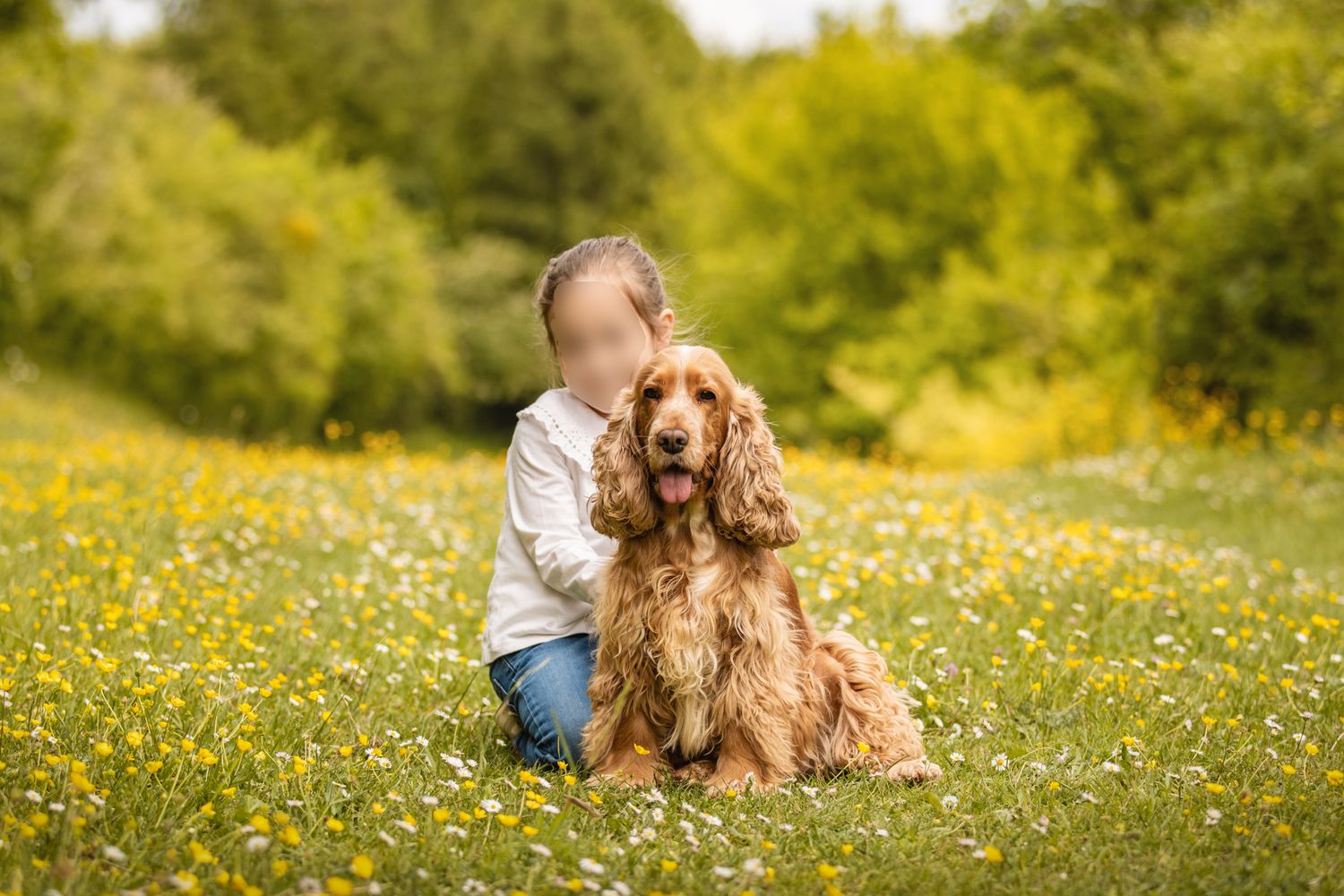 A young child kisses a golden Cocker Spaniel dog sitting in a sunny meadow filled with yellow wildflowers.