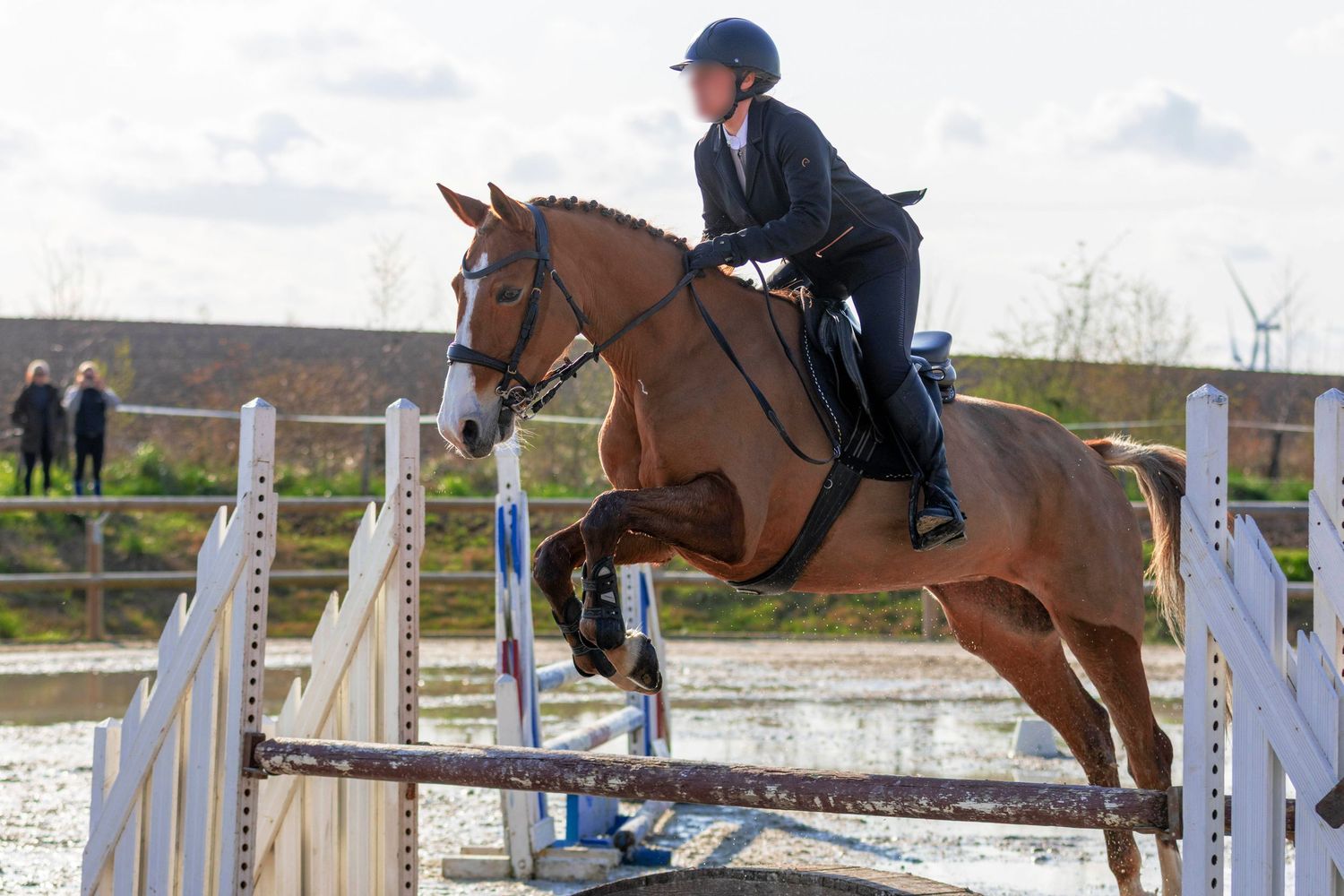 Equestrian rider on chestnut horse jumping over white fence poles in outdoor show jumping competition.