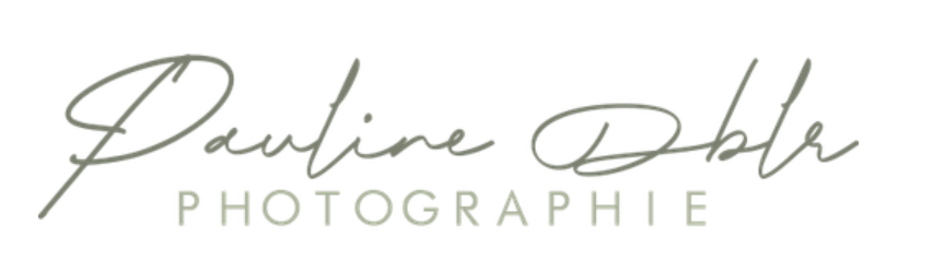 Pauline Dble Photographie elegant handwritten logo in muted sage green tones on white background.