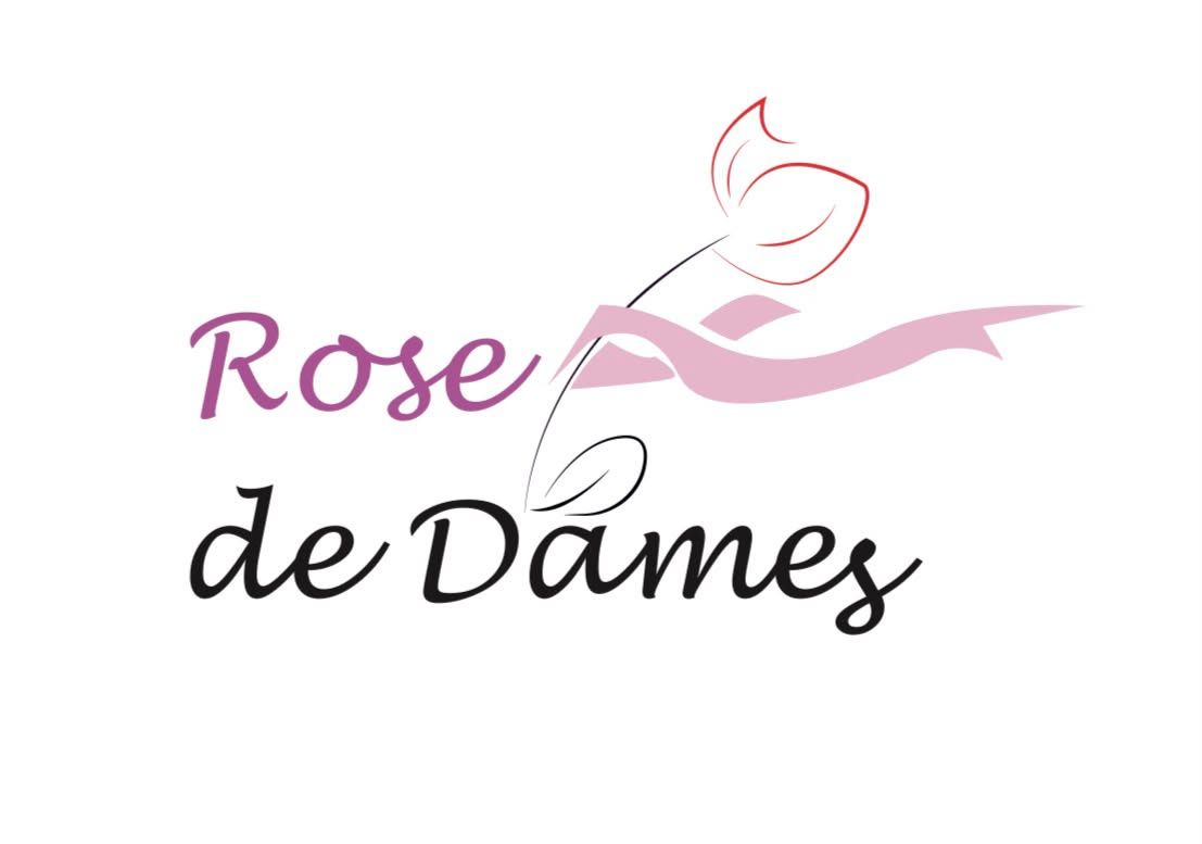 Rose de Dames elegant logo featuring a pink rose and butterfly design with stylish purple and black typography.