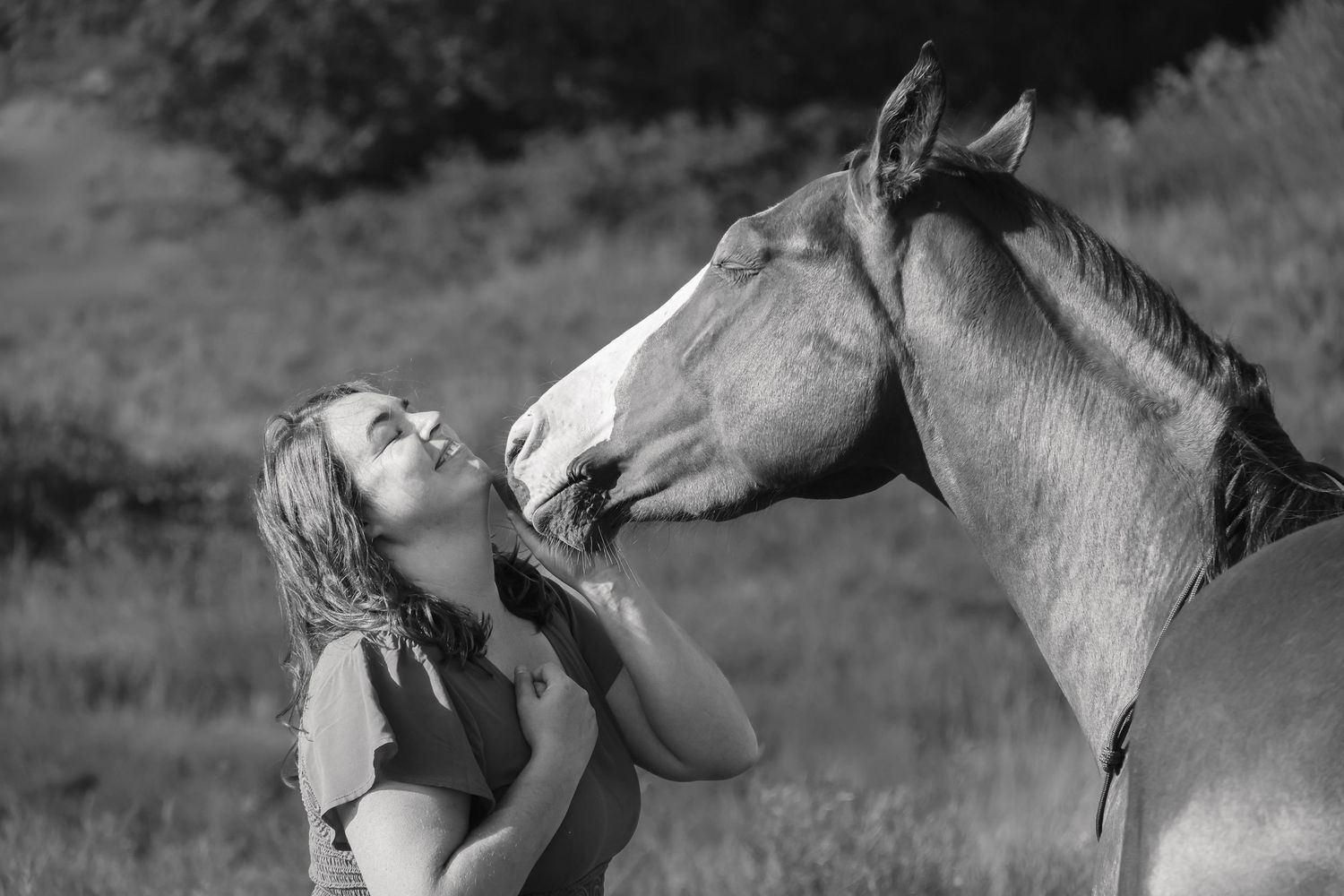 Séance cheval lifestyle — photo noir et blanc femme embrassant le museau de son cheval dans un champ ensoleillé, photographe Aisne