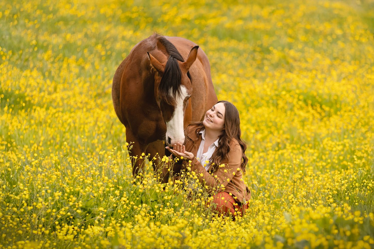 A smiling woman sits among yellow wildflowers beside a brown horse in a sunny meadow.