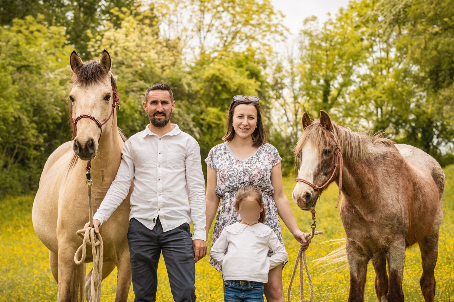 Family with two horses in a sunny meadow surrounded by green trees, parents and child posing outdoors.