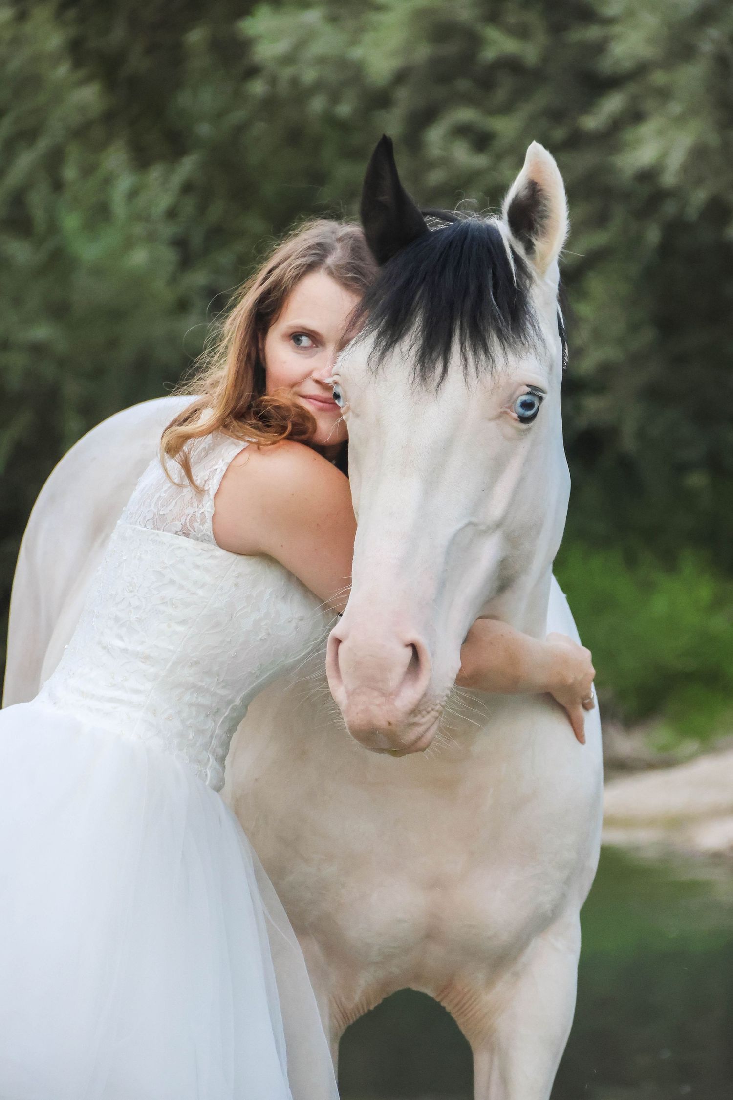 Séance animaux lifestyle — femme en robe de mariée serrant dans ses bras son cheval blanc aux yeux bleus, photographe Aisne Marne.