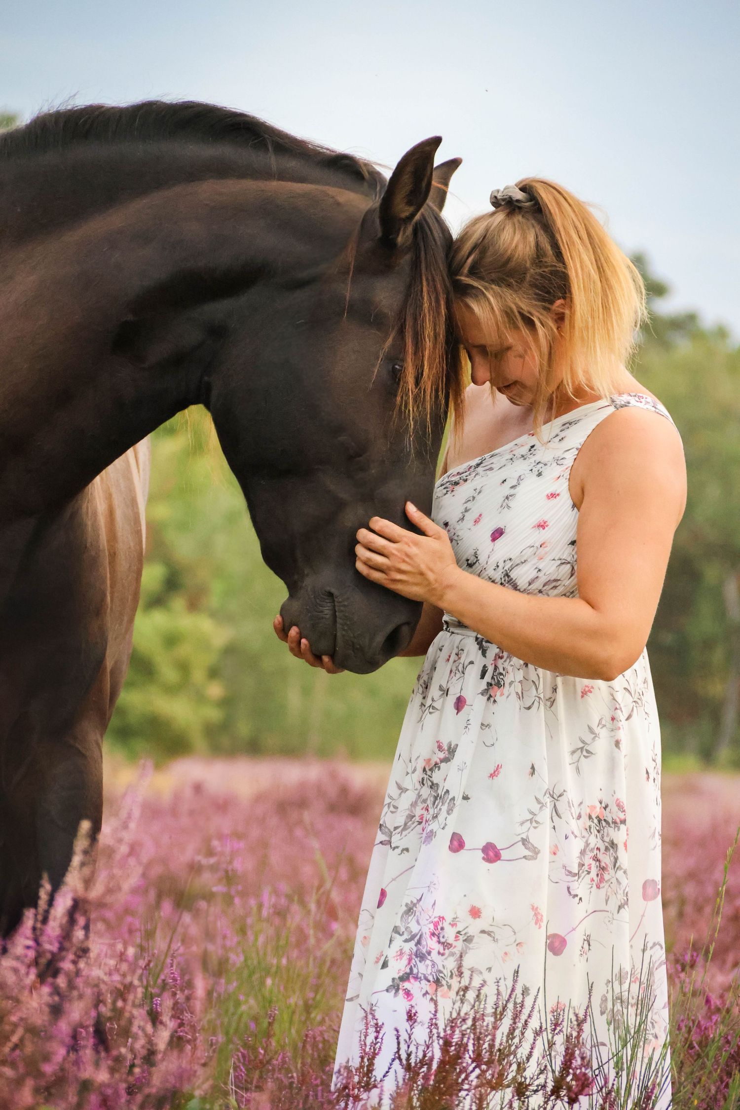 Séance lifestyle — jeune femme en robe fleurie face à son cheval brun dans les bruyères, photographe Aisne Guignicourt.
