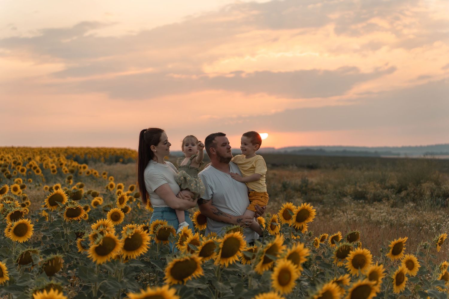 Family of four enjoying a golden sunset in a vibrant sunflower field, parents holding young children.