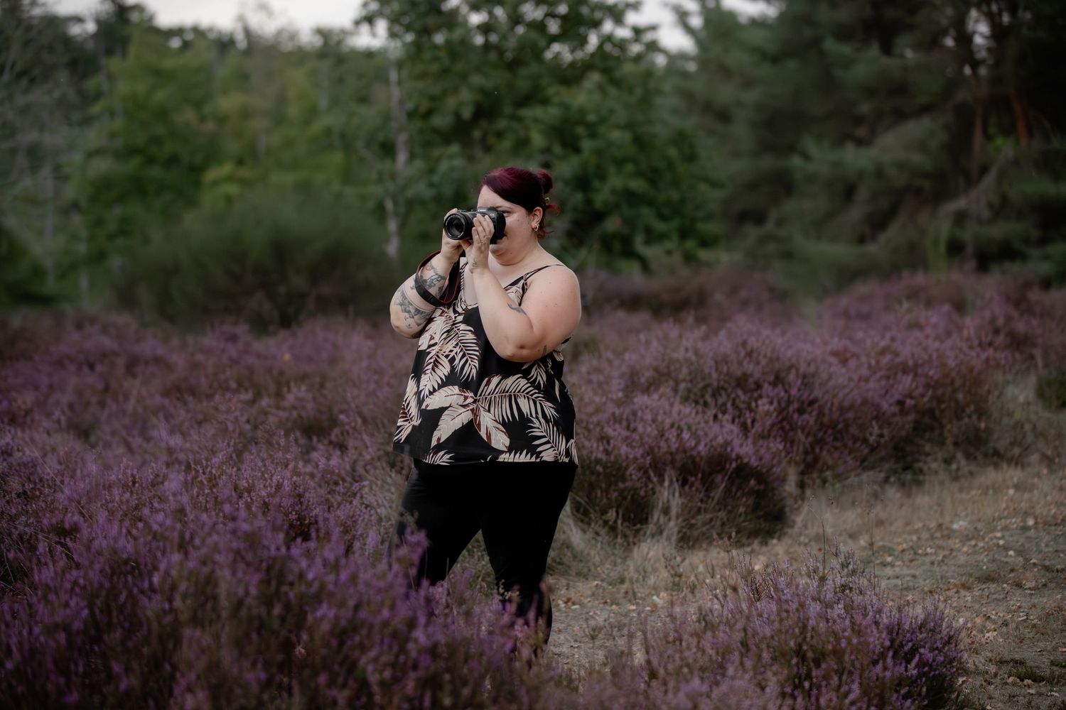 A woman photographs nature while standing among vibrant purple heather flowers in an outdoor landscape.