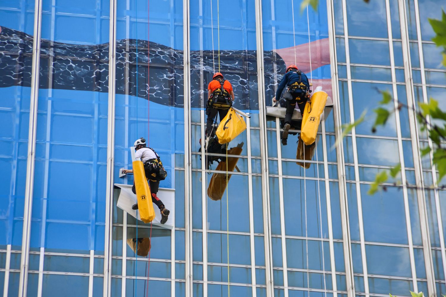 Three window washers rappel down a reflective glass skyscraper facade using yellow safety equipment on a sunny day.