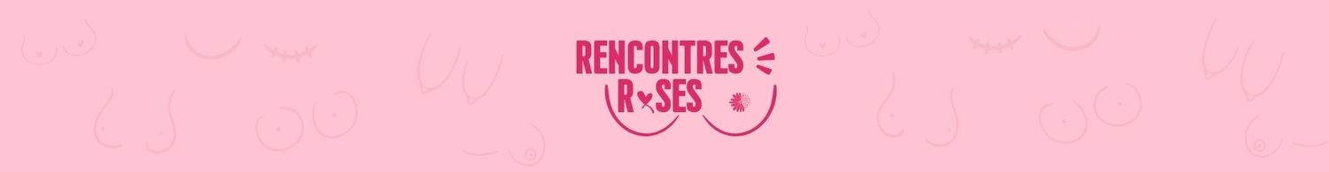 Pink banner with Rencontres Roses logo featuring playful typography and small heart and smiley face icons on a light pink background.