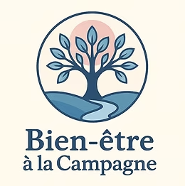 Logo of Bien-être à la Campagne featuring a blue tree with leaves, a river, and hills inside a circular frame.