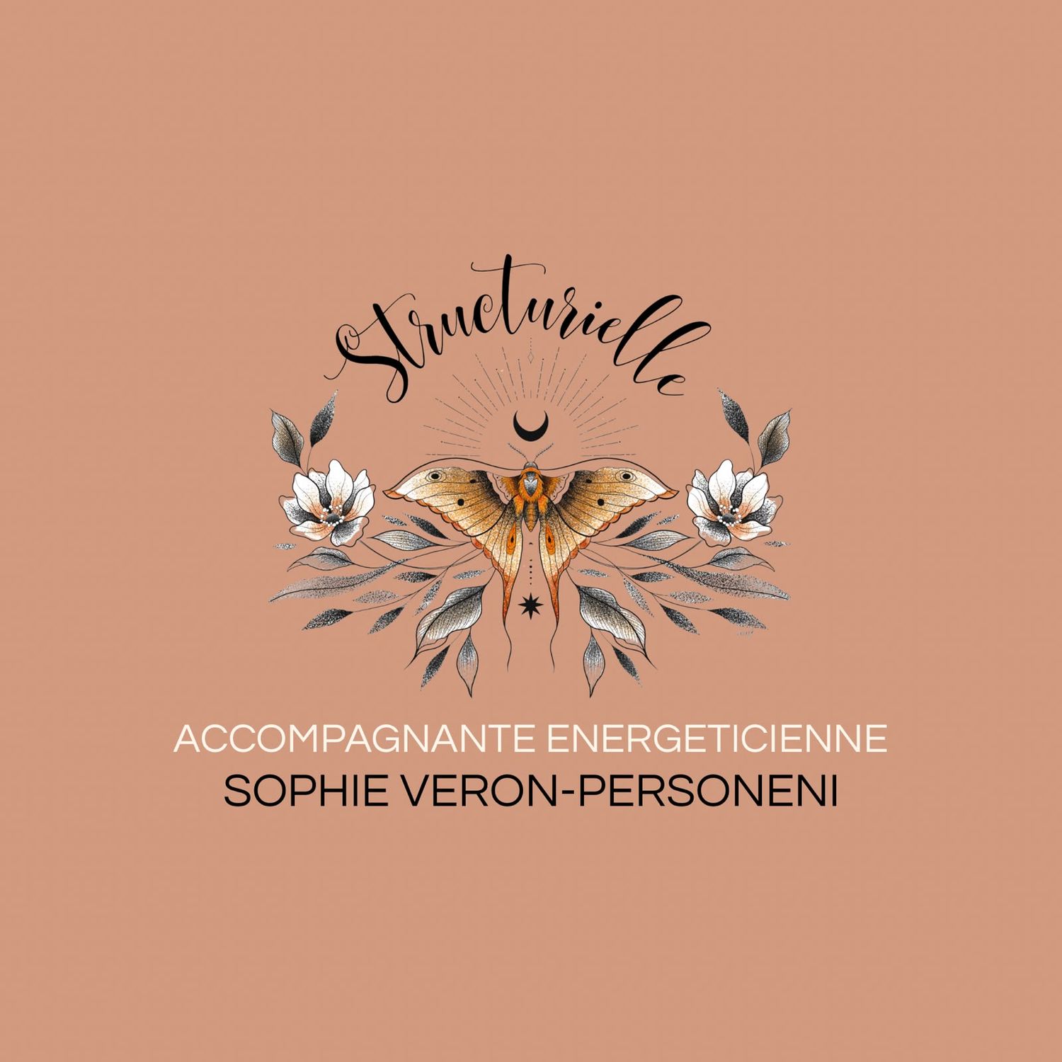 Logo of Structurielle, featuring a moth and flowers, for energy coach Sophie Veron-Personeni.