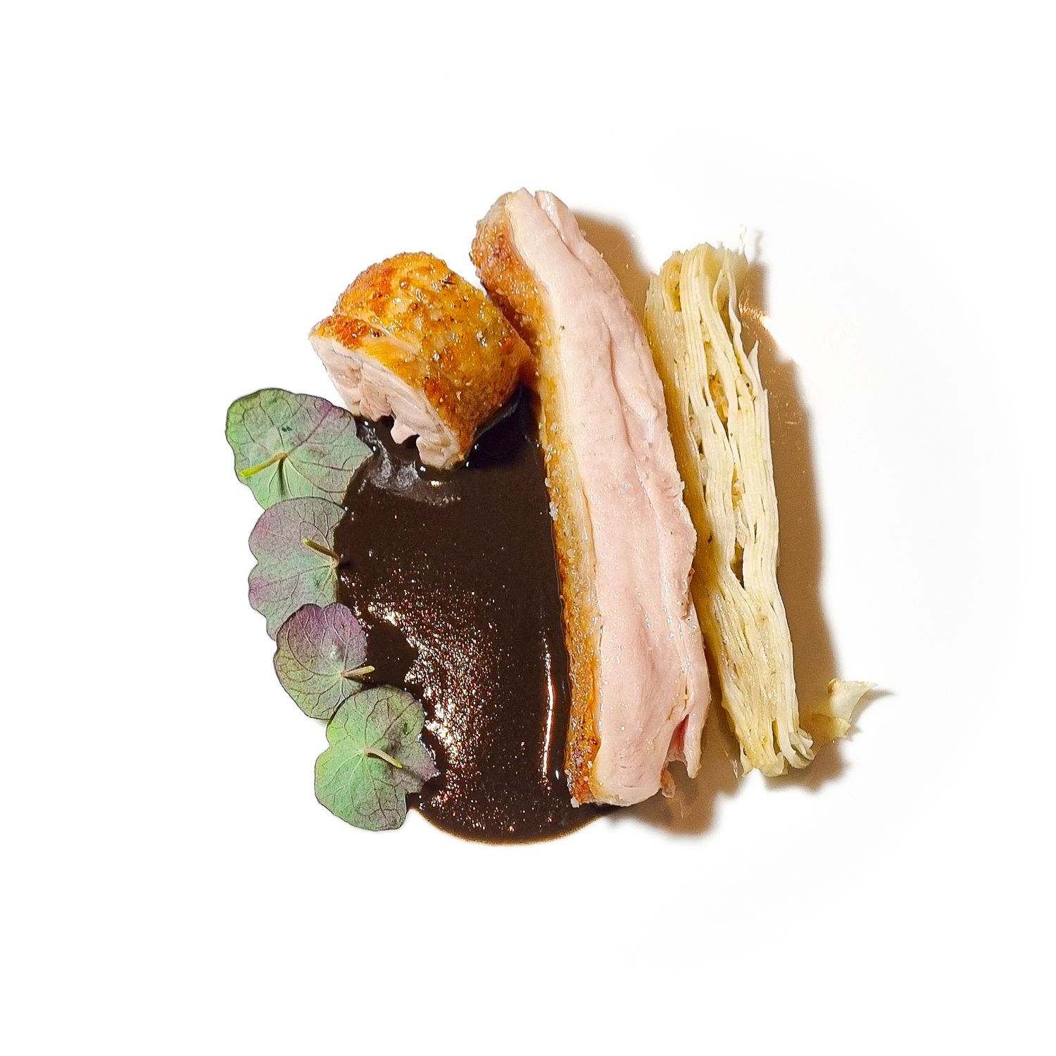 Assiette d'un plat de viande, de fenouil, sauce brune et capucine