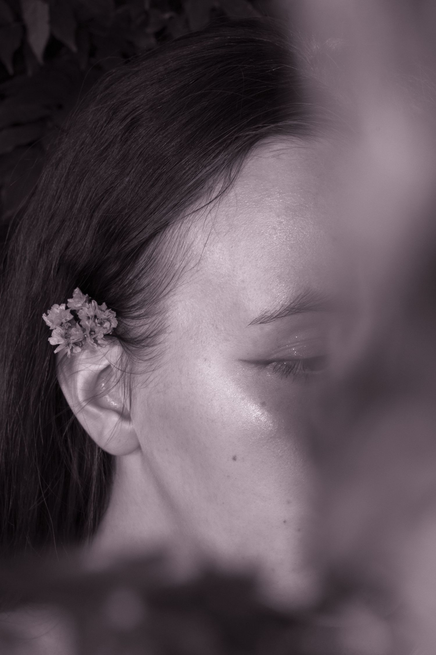 Vue de profil en gros plan montrant de délicats accessoires pour cheveux floraux sur un fond sombre.