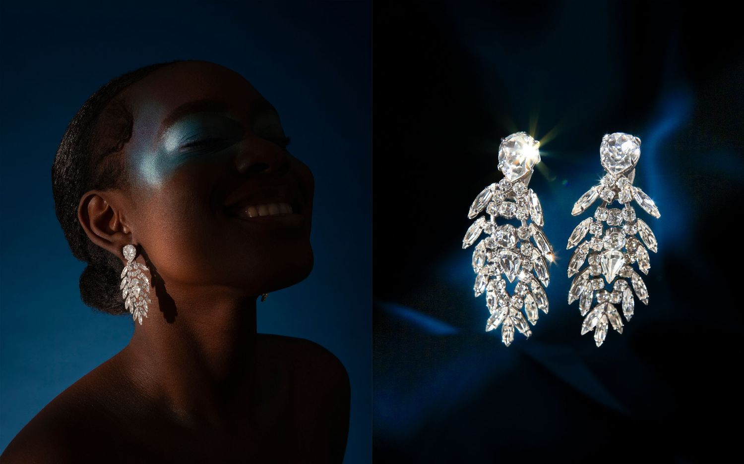 Élégantes boucles d'oreilles en cristal Kramer, porté sur une femme sur fond bleu d'un côté et en lévitation sur l'autre.