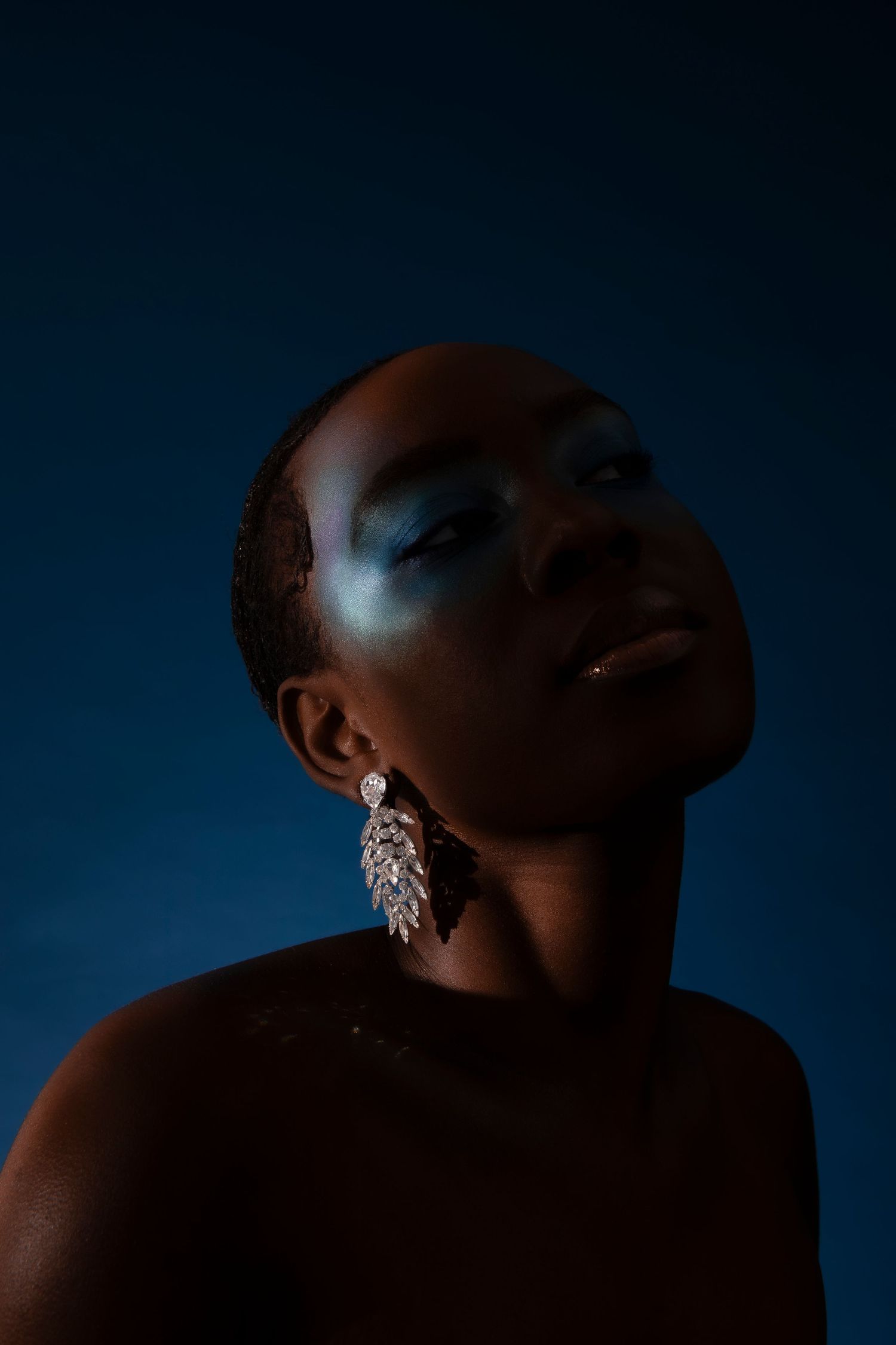 Portraits de profil artistiques dans un éclairage sombre avec un fond bleu dramatique.