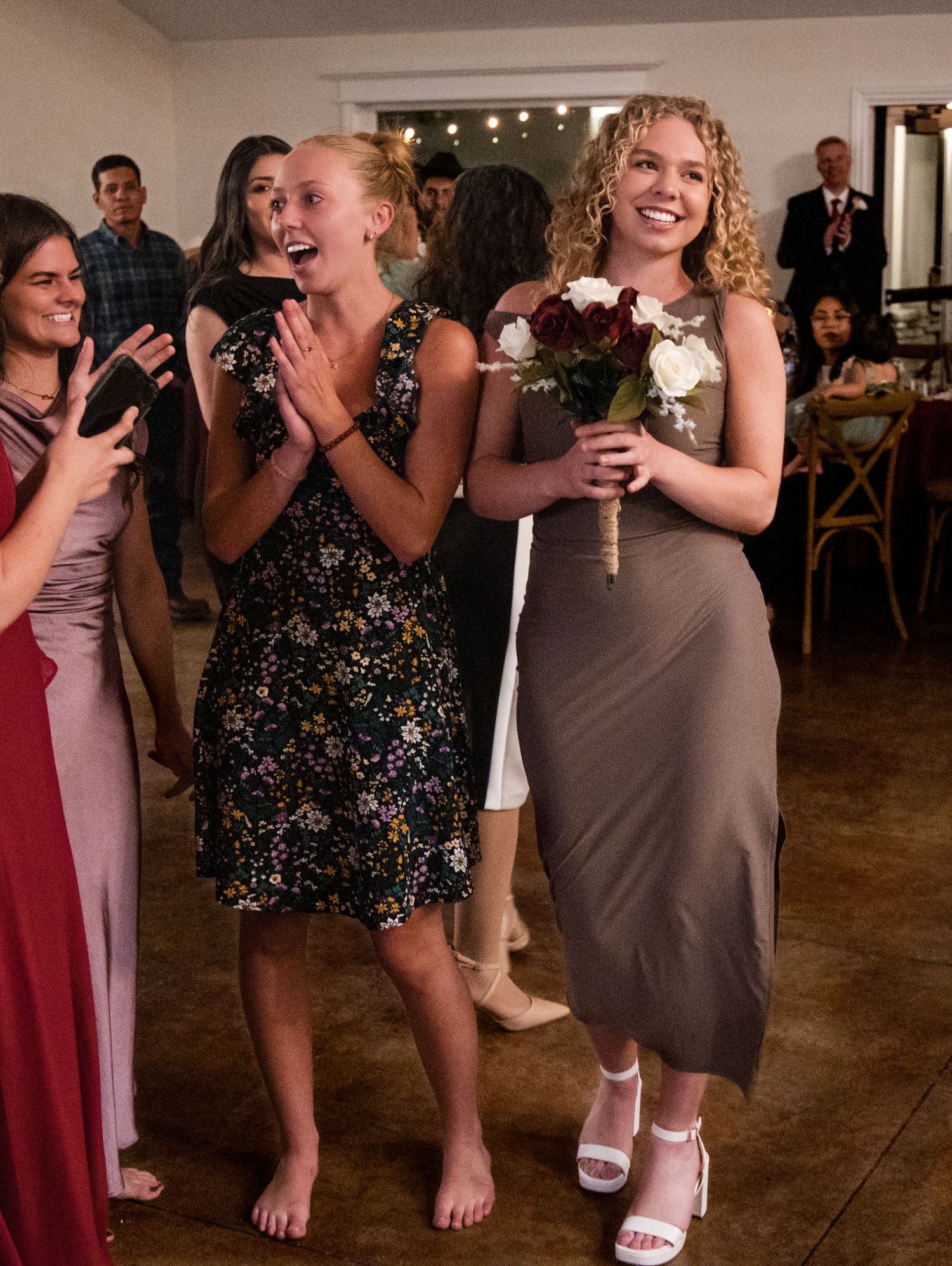 A series of candid and joyful moments with couples dancing together at a wedding reception.