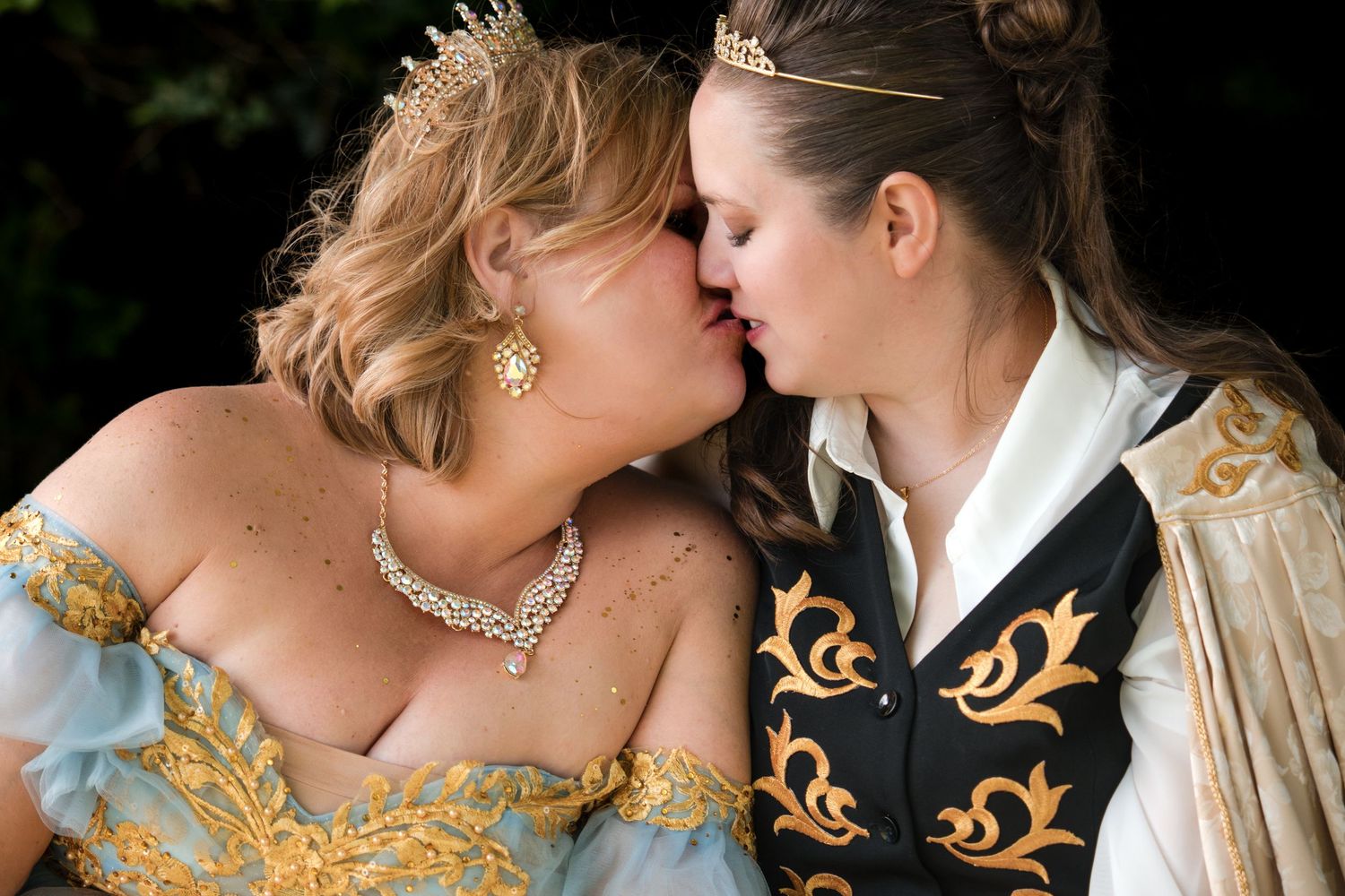 Two people share romantic and intimate moments in formal wedding attire with decorative gold accents.