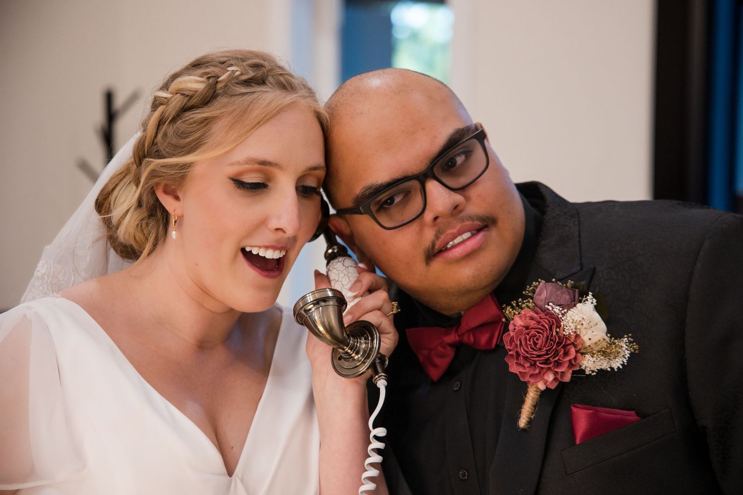 Newlywed couple shares intimate moments at their wedding while laughing and embracing across multiple candid photos.
