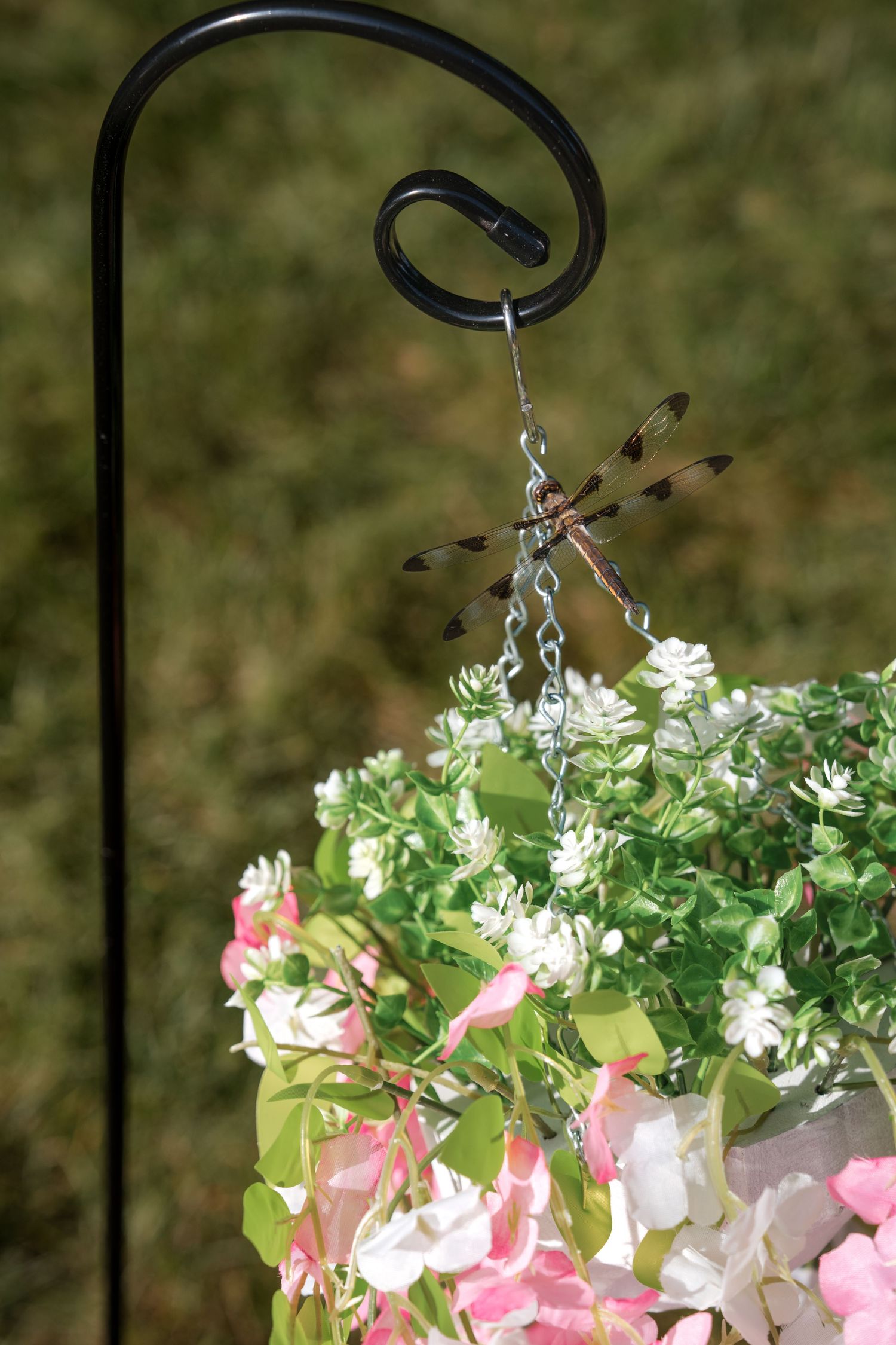 A metal dragonfly ornament hangs above a pink and white flowering hanging basket on a curved garden hook.