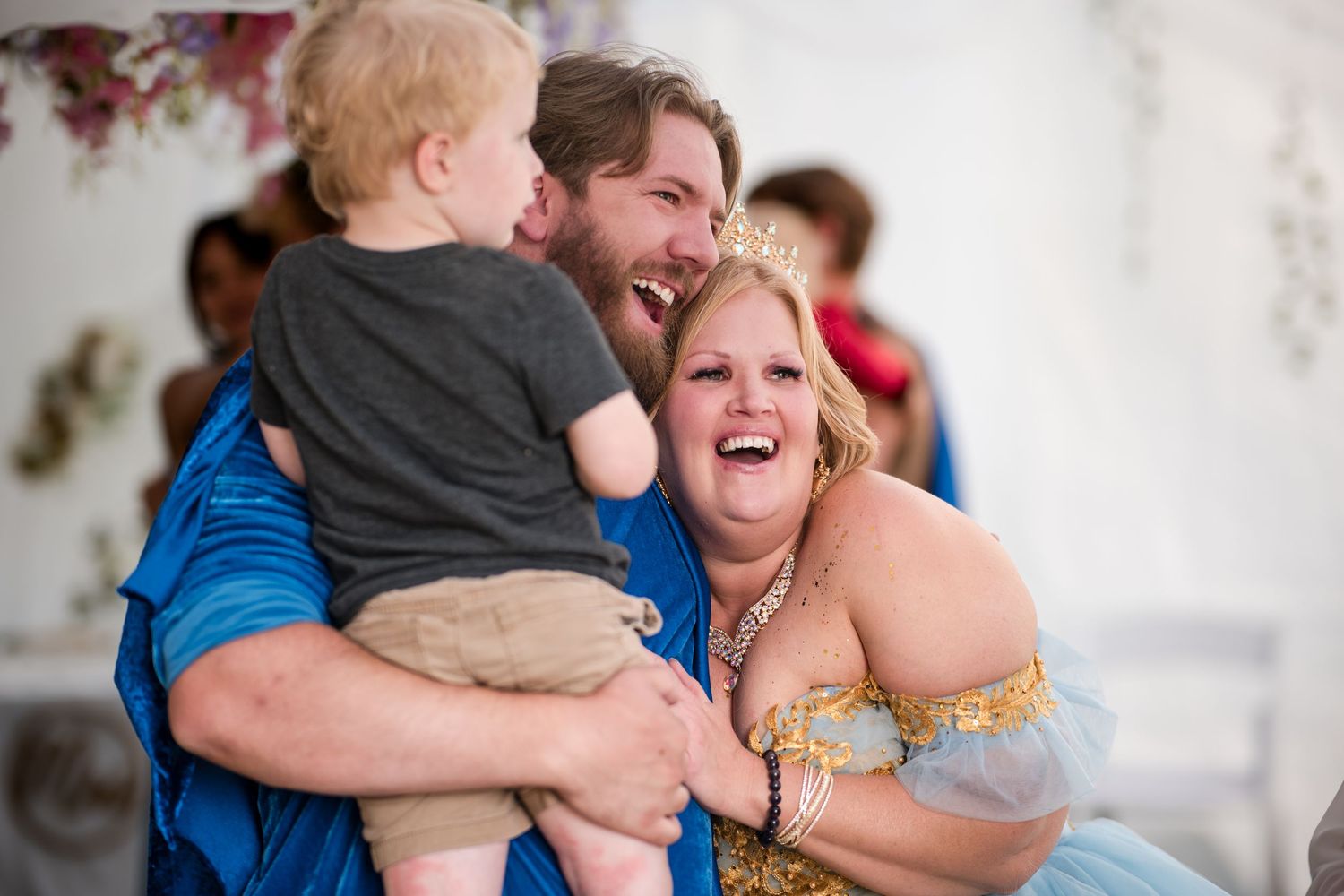 Four candid sequential images show a heartwarming moment of laughter and embraces between family members.