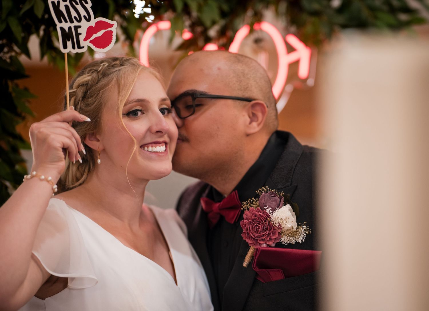 Wedding couple shares five intimate moments during their celebration, captured in a photo collage.