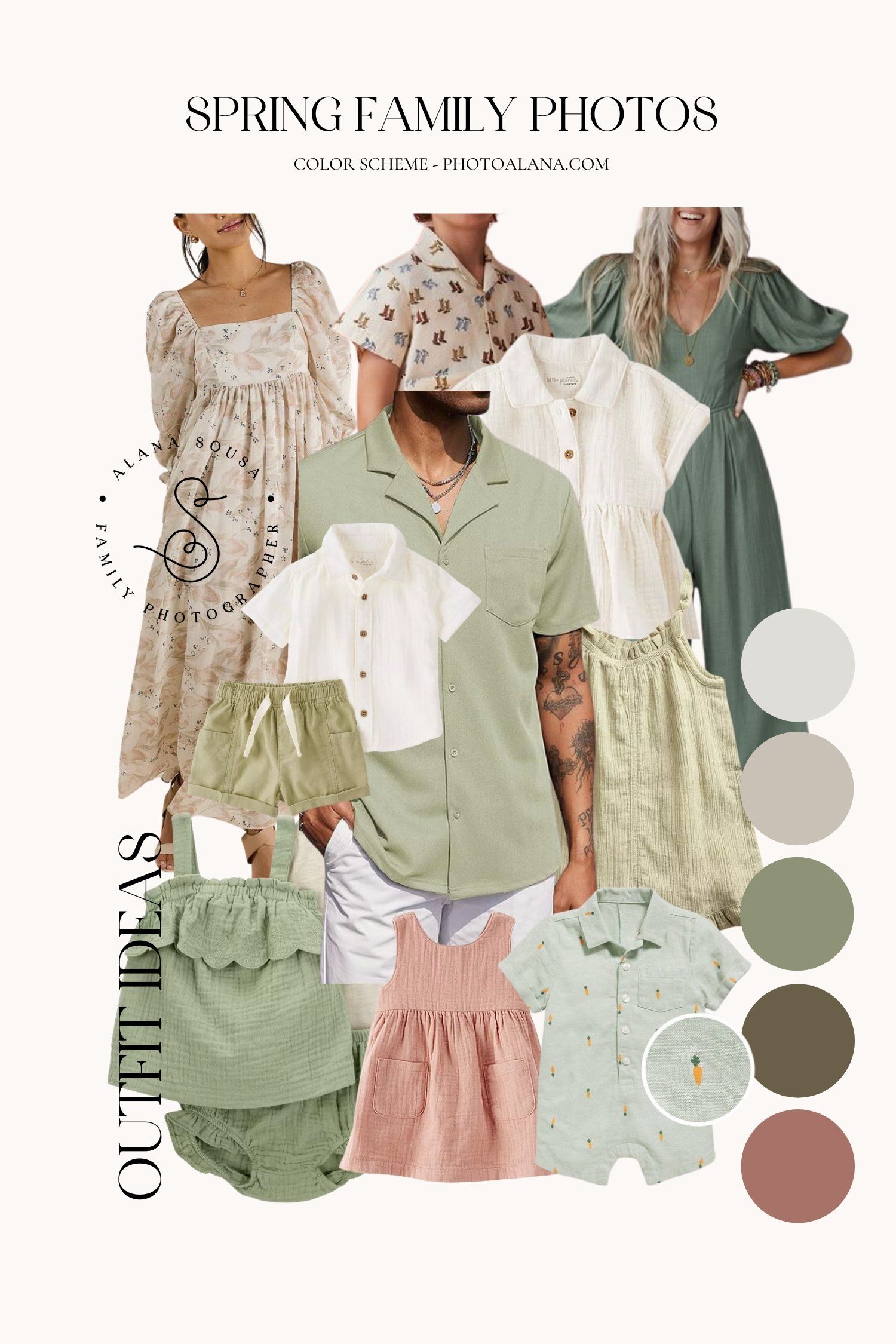 Sage green and blush pink spring outfit inspiration collage with ruffled dresses and button-up blouses.