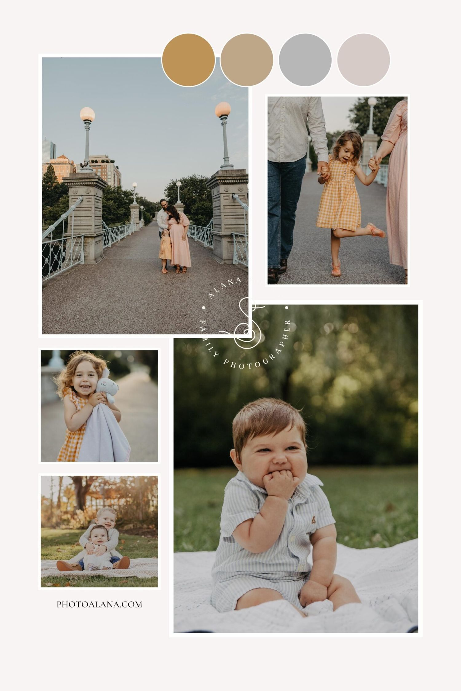 A collection of soft, muted photos arranged in a grid featuring natural tones, outdoor scenes, and gentle lifestyle moments.