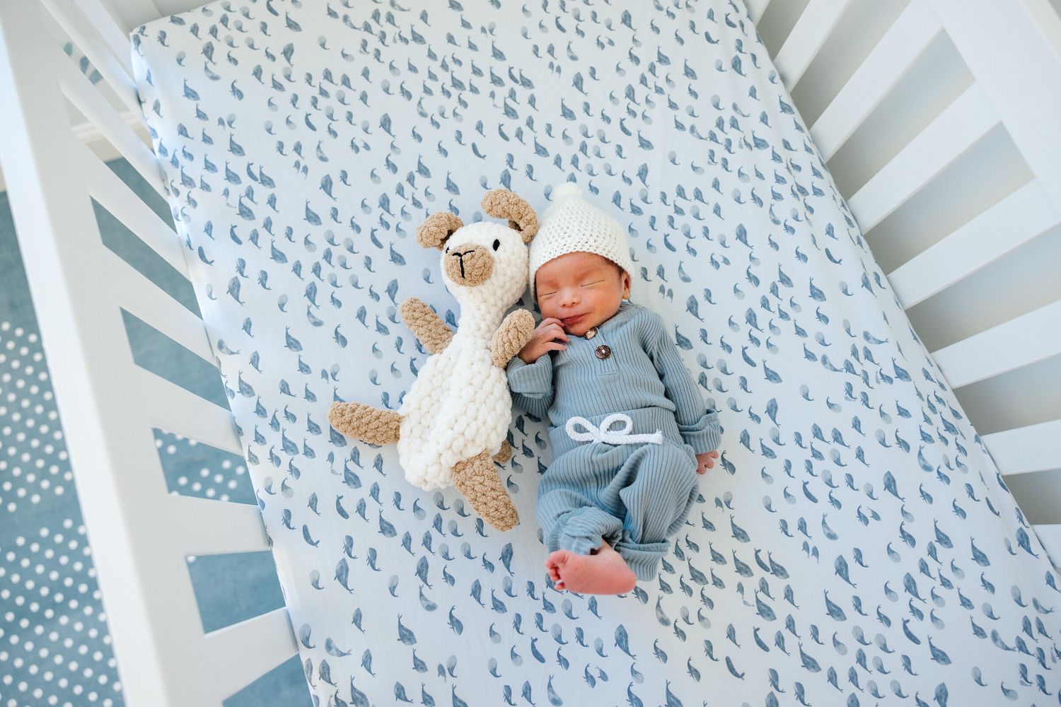 Sleeping newborn in gray onesie with stuffed animal in white crib.
