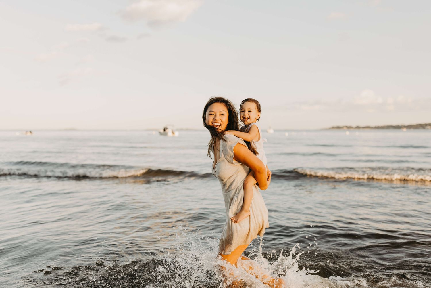 Playful summer moments captured at the beach during sunset.