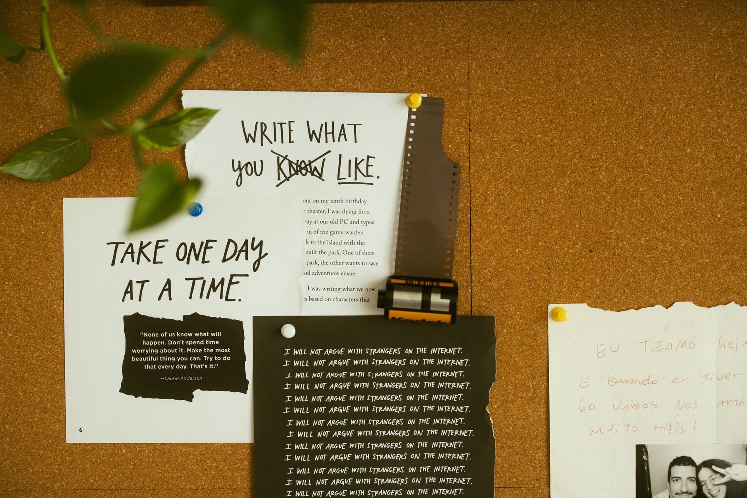 Inspirational wall art collage with motivational quotes and text on neutral brown background.