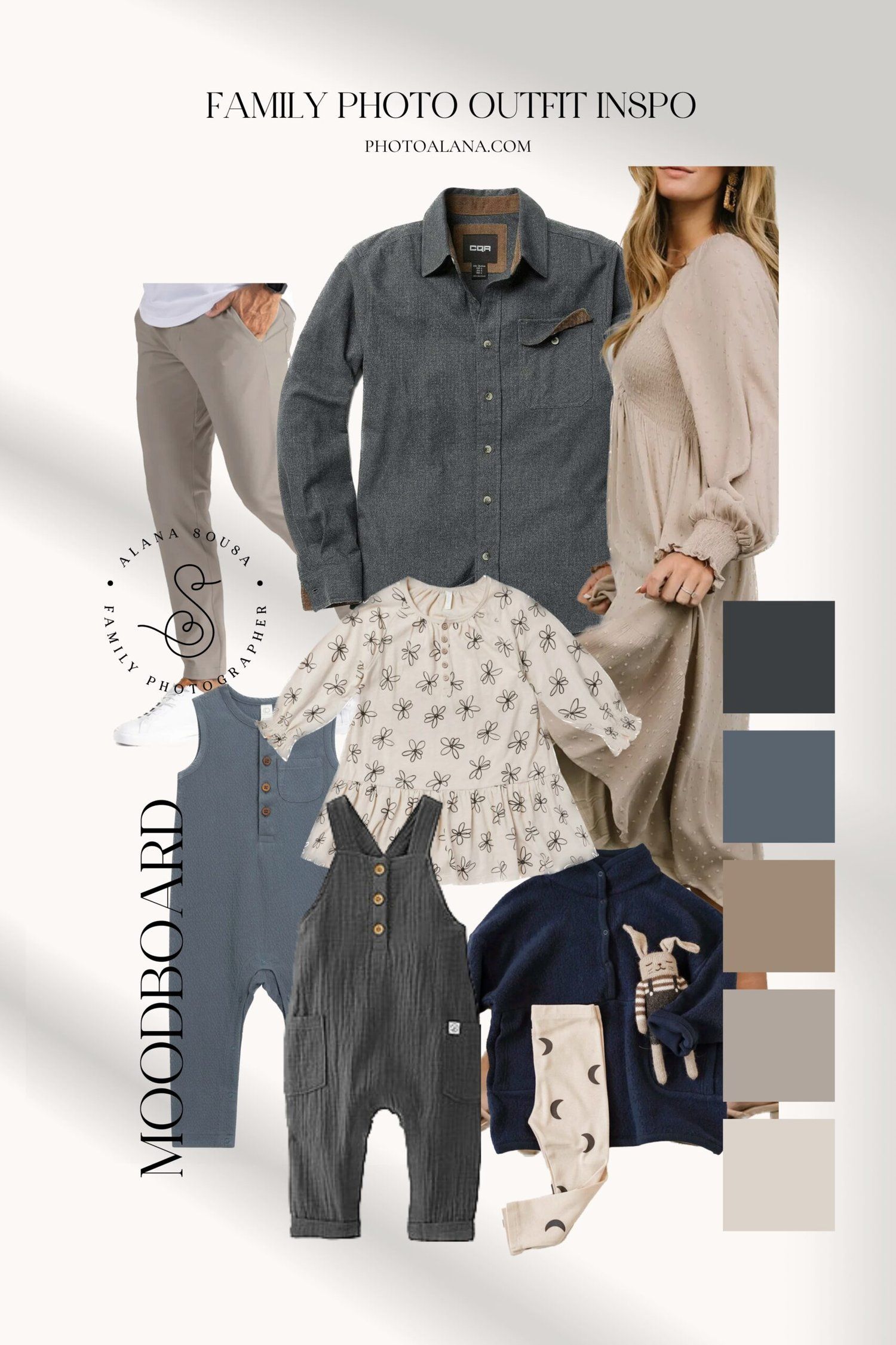 Fashion collage featuring coordinated family outfits in neutral tones with gray jumpsuits and beige printed tops.