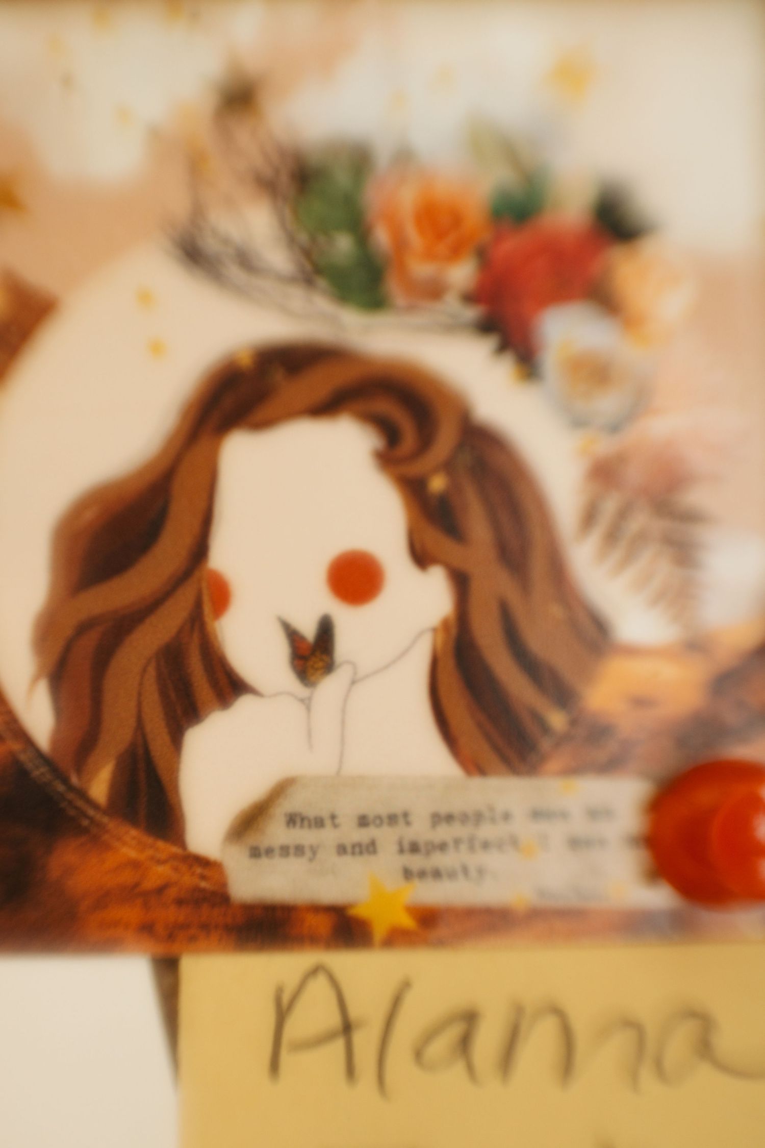 Hand-drawn illustration with red flowers and text sketched across sepia-toned paper creating an artistic composition.