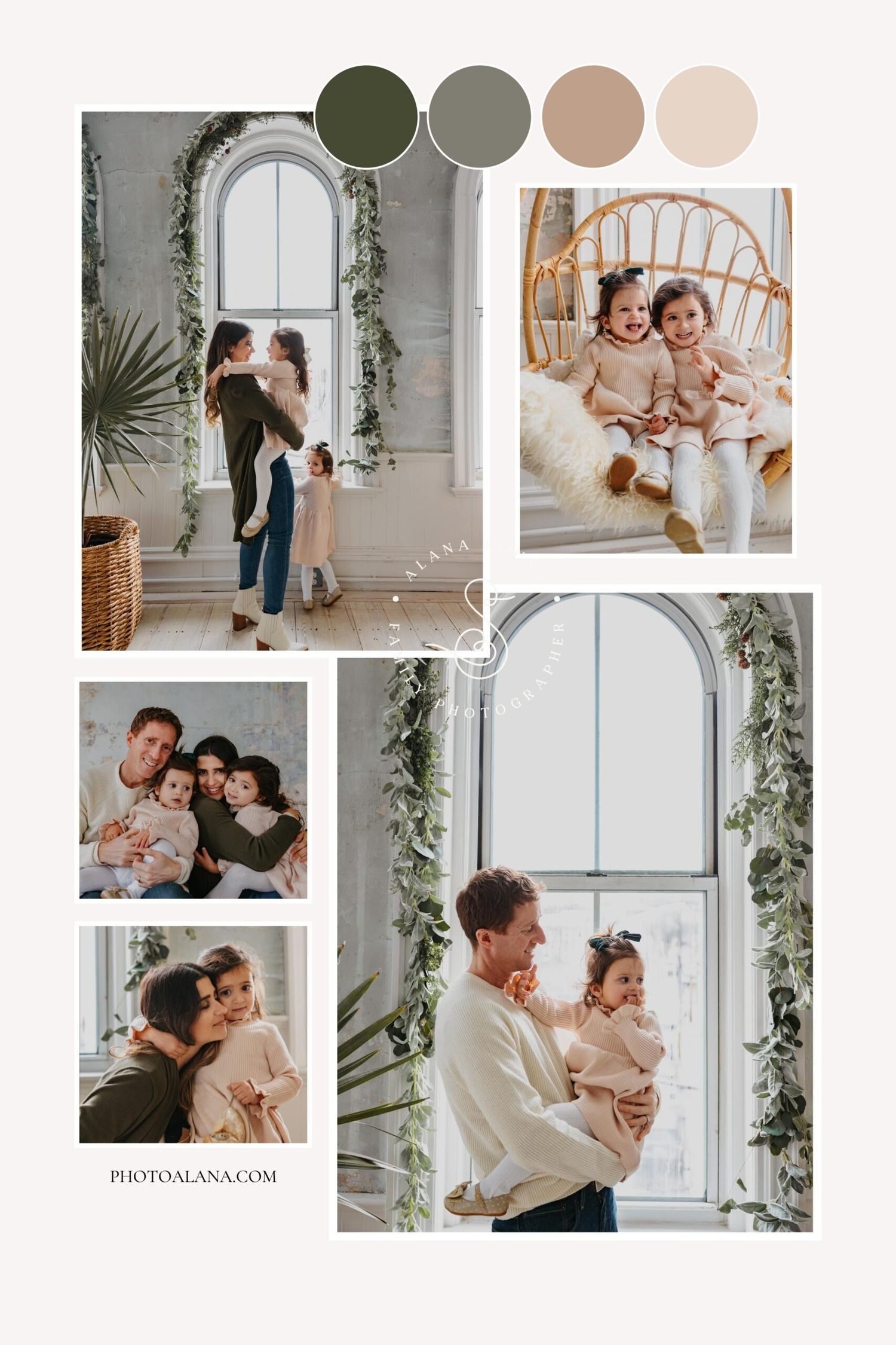Family photoshoot collage in light airy studio with greenery decorations and vintage furniture showing tender moments.
