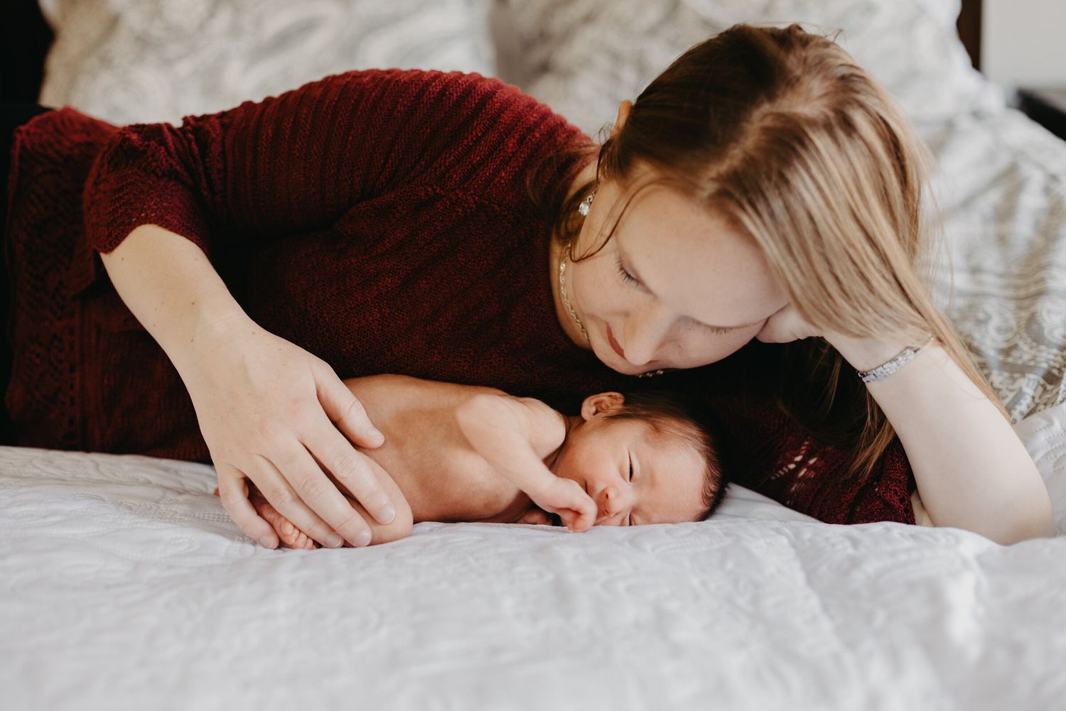 Collection of cozy lifestyle photos showing intimate moments on a bed.