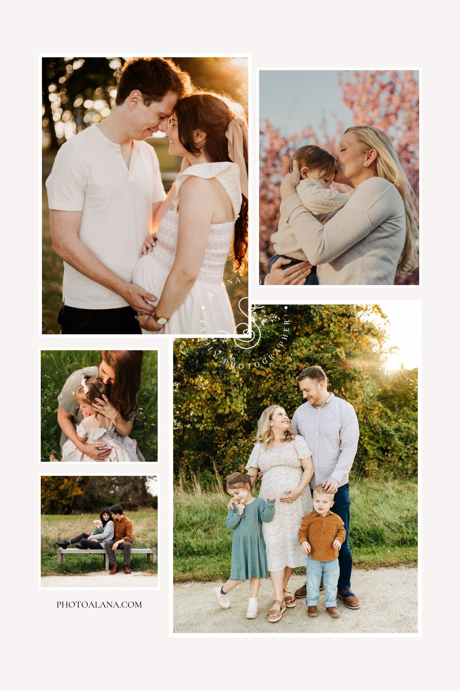 Family maternity photo shoot outdoors in a sunlit field with coordinated casual outfits in neutral tones.
