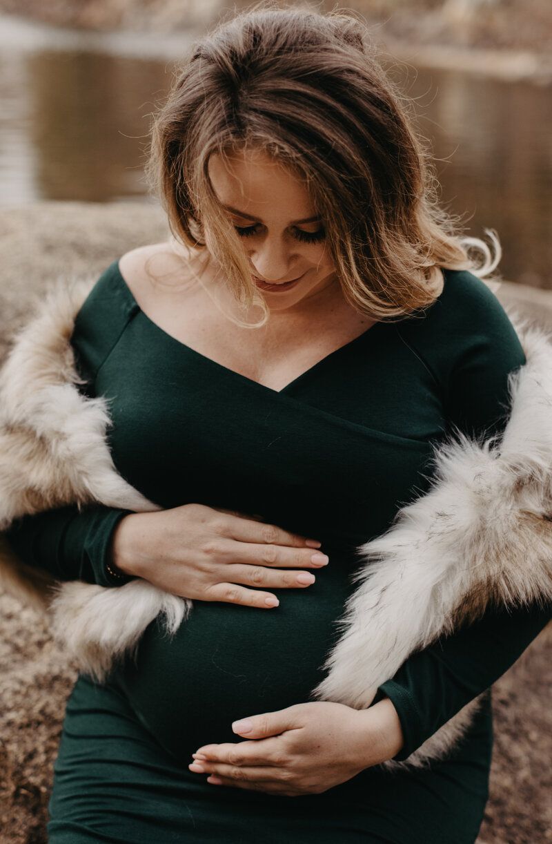 Close-up maternity portraits with soft fur accents and natural lighting.