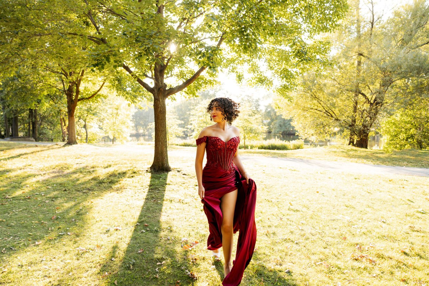 Sunlit autumn park scene with figure in burgundy dress walking through golden grass and long shadows.