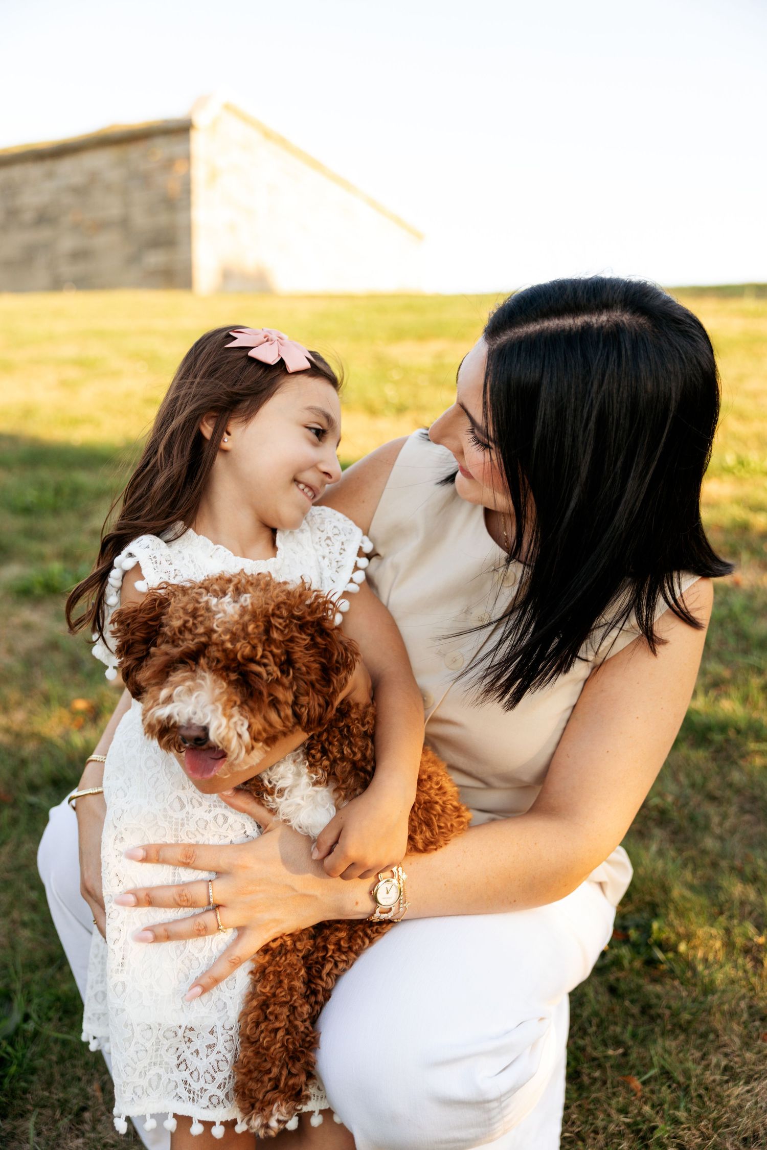 A person in white holds and plays with a brown curly-haired poodle dog in a sunny outdoor setting.