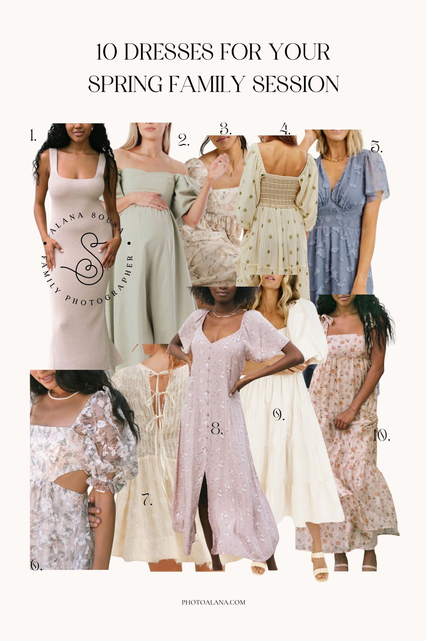 Fashion collage showing spring dresses in pastel colors with floral patterns and romantic details for family photo sessions.