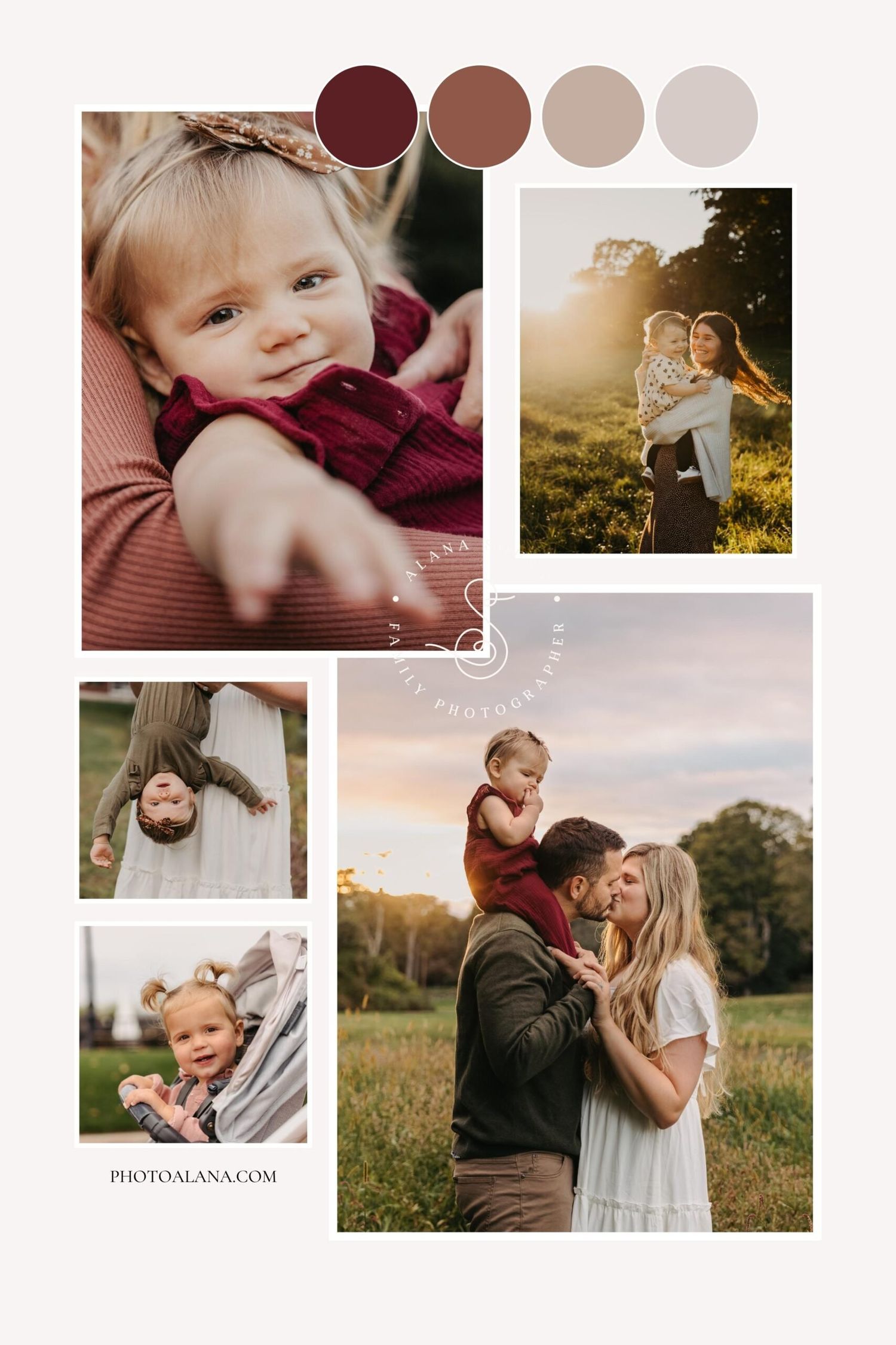 Beautiful outdoor sunset family photoshoot with professional photography website watermark in bottom corner.