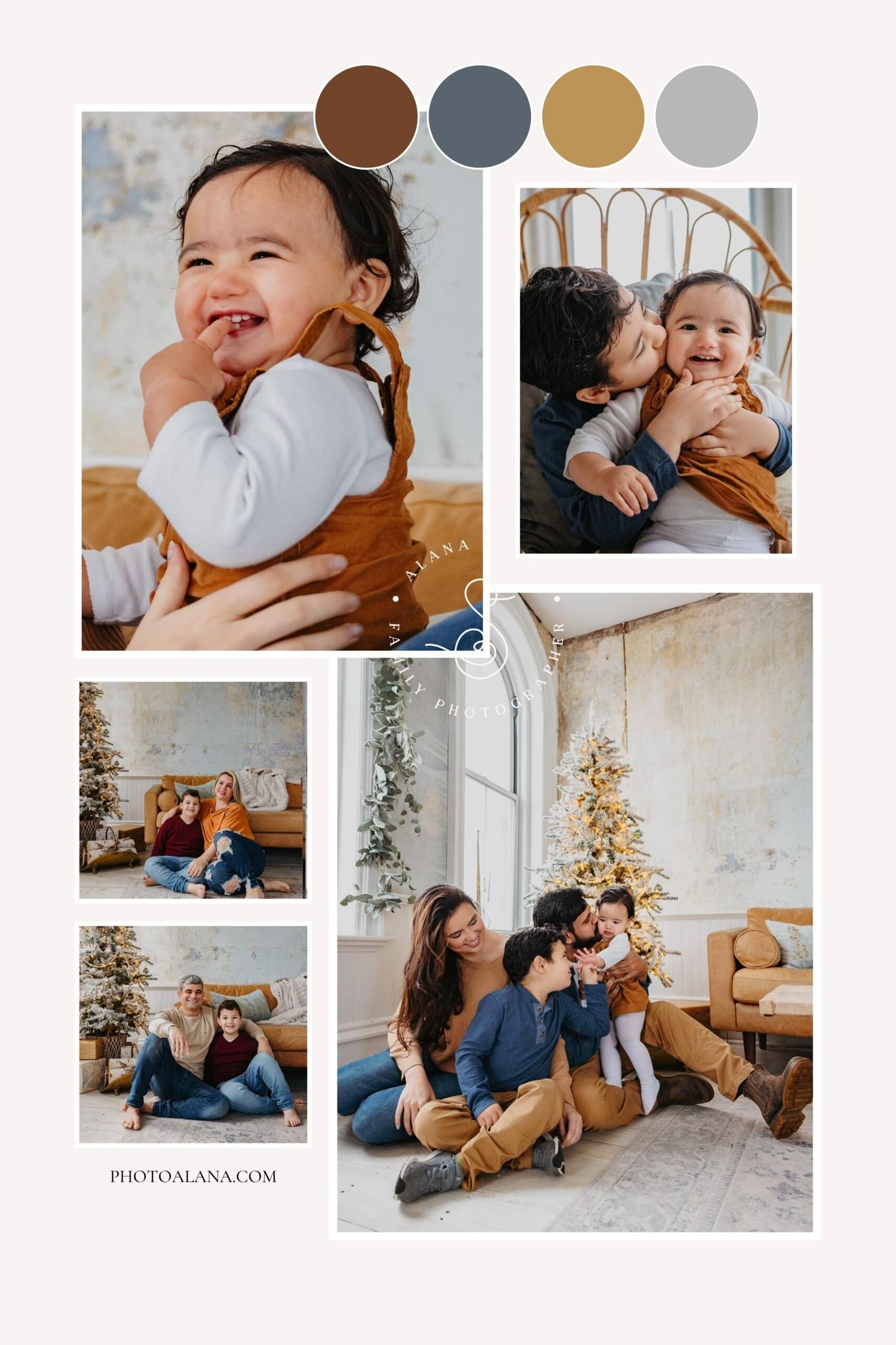 A heartwarming family photo session with natural tones in a rustic setting with golden Christmas tree decorations.