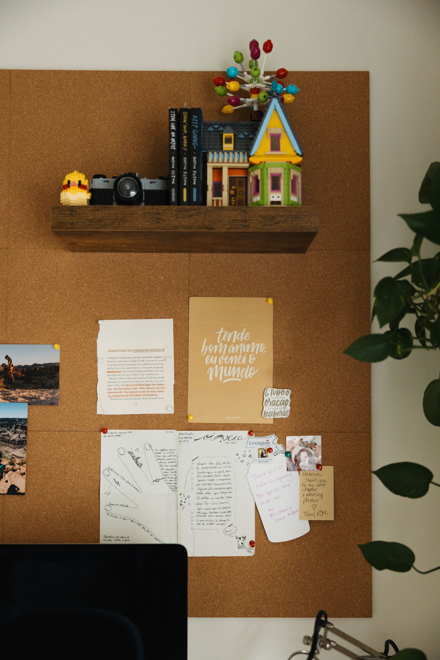A cork board mounted on a wall with floating wood shelves displaying books, decorative items, and paper notes pinned up.