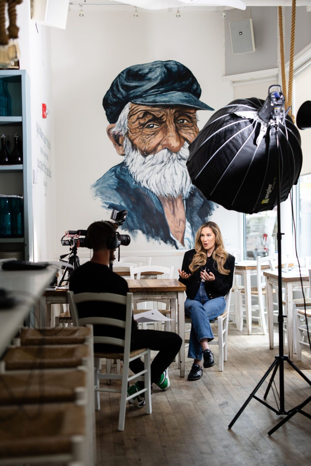Behind the scenes photo shoot sequence showing studio lighting setup and equipment for portrait photography session.